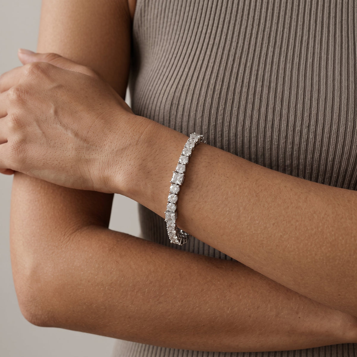 White Metal Round & Princess Cut Moissanite Tennis Bracelet