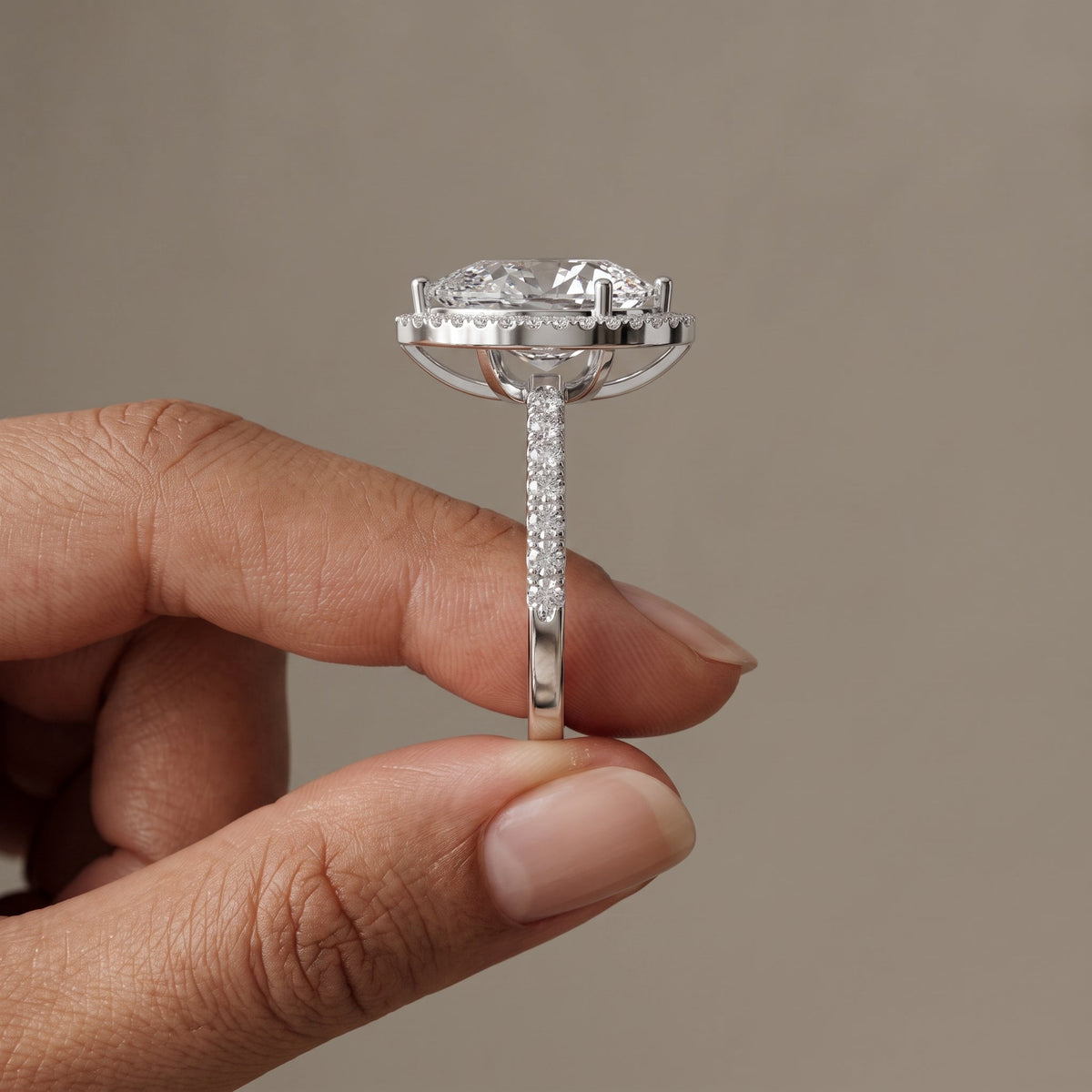 White Gold Tone Pear Moissanite Halo Engagement Ring