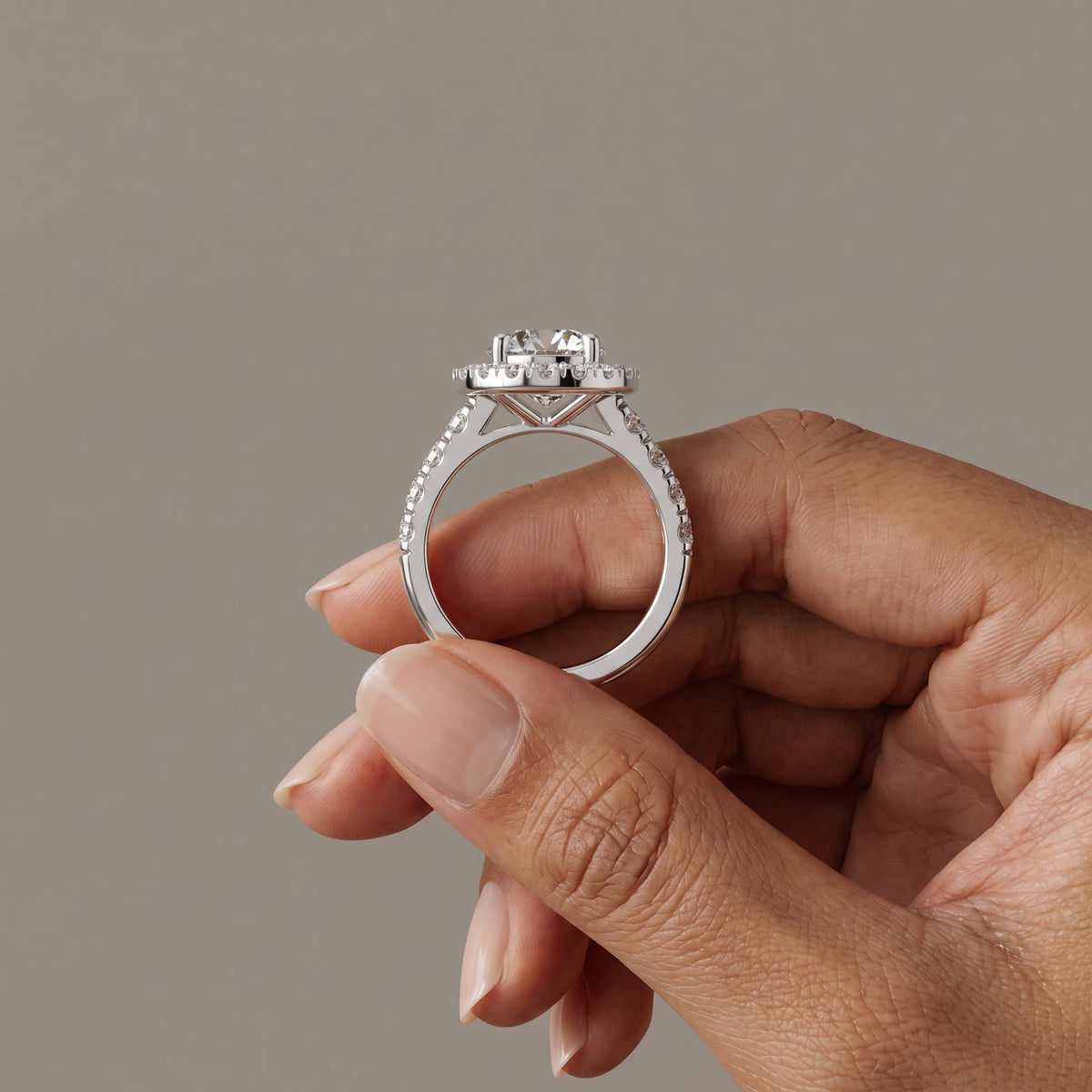 White Gold Round Moissanite Engagement Ring with Halo Bridal Set