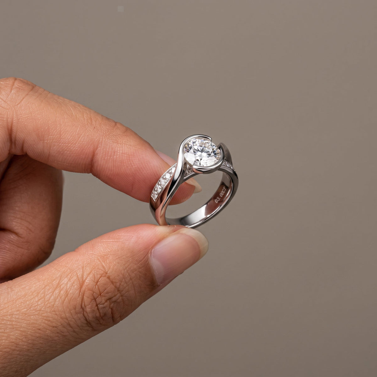 White Metal Round Moissanite Engagement Ring with Twisted Band