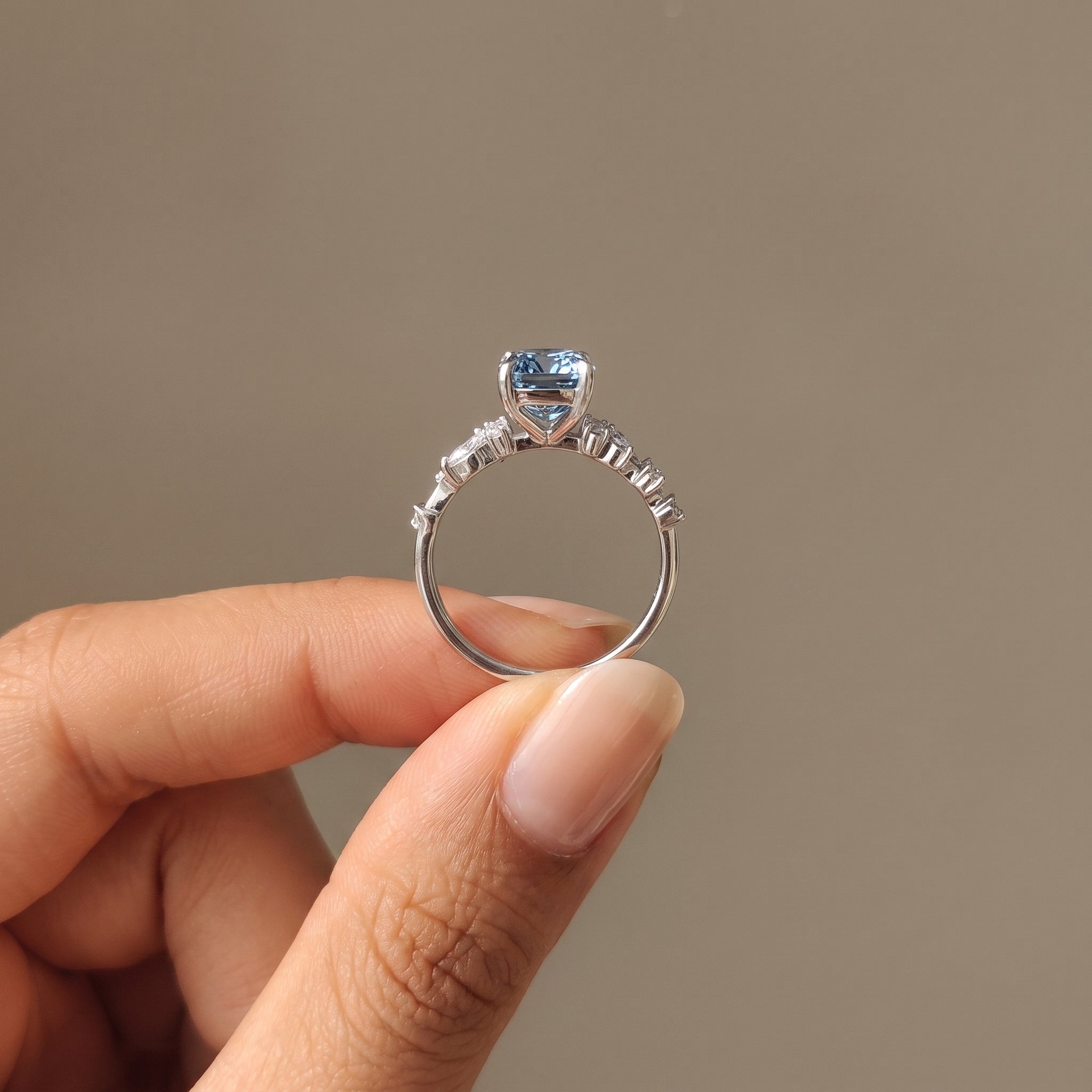 White Gold Cushion Cut Blue Moissanite Engagement Ring