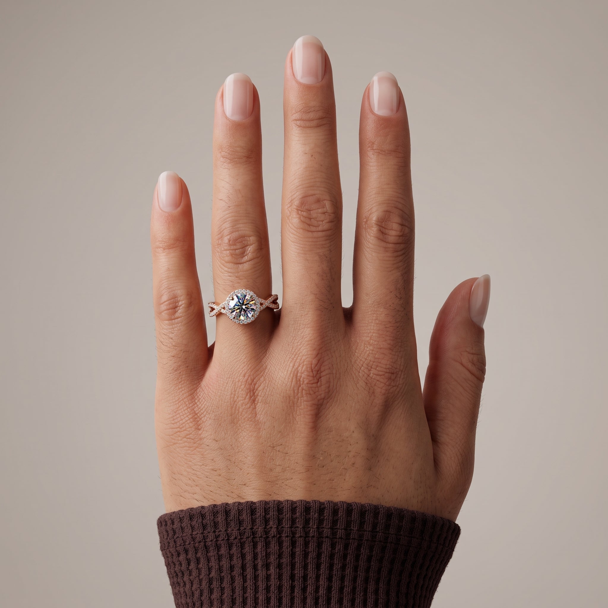 Rose Gold Round Moissanite Halo Engagement Ring with Twisted Band