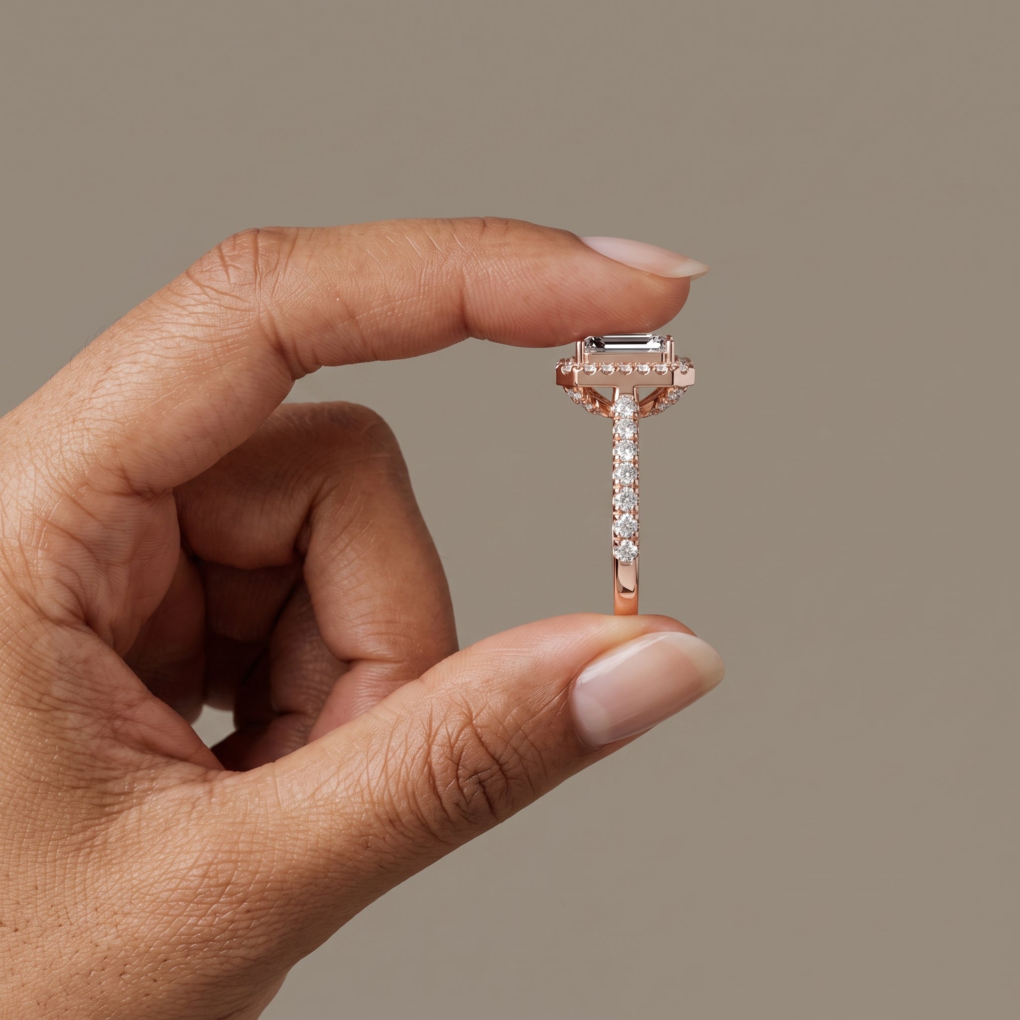 Rose Gold Emerald Cut Moissanite Halo Engagement Ring