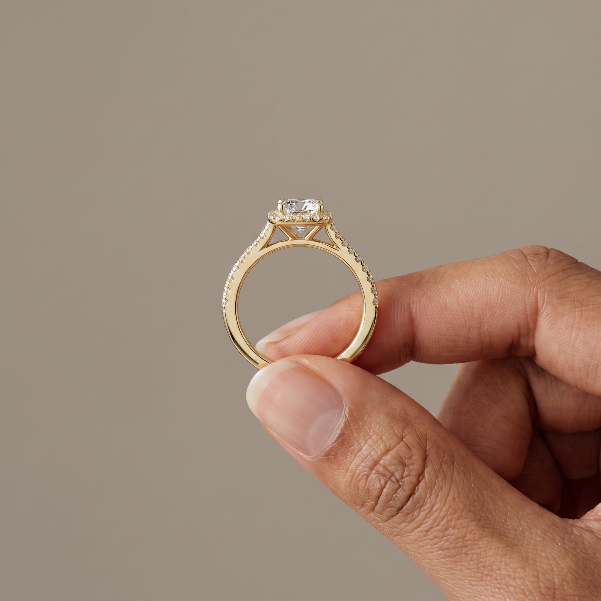 Yellow Gold Cushion Cut Moissanite Halo Engagement Ring