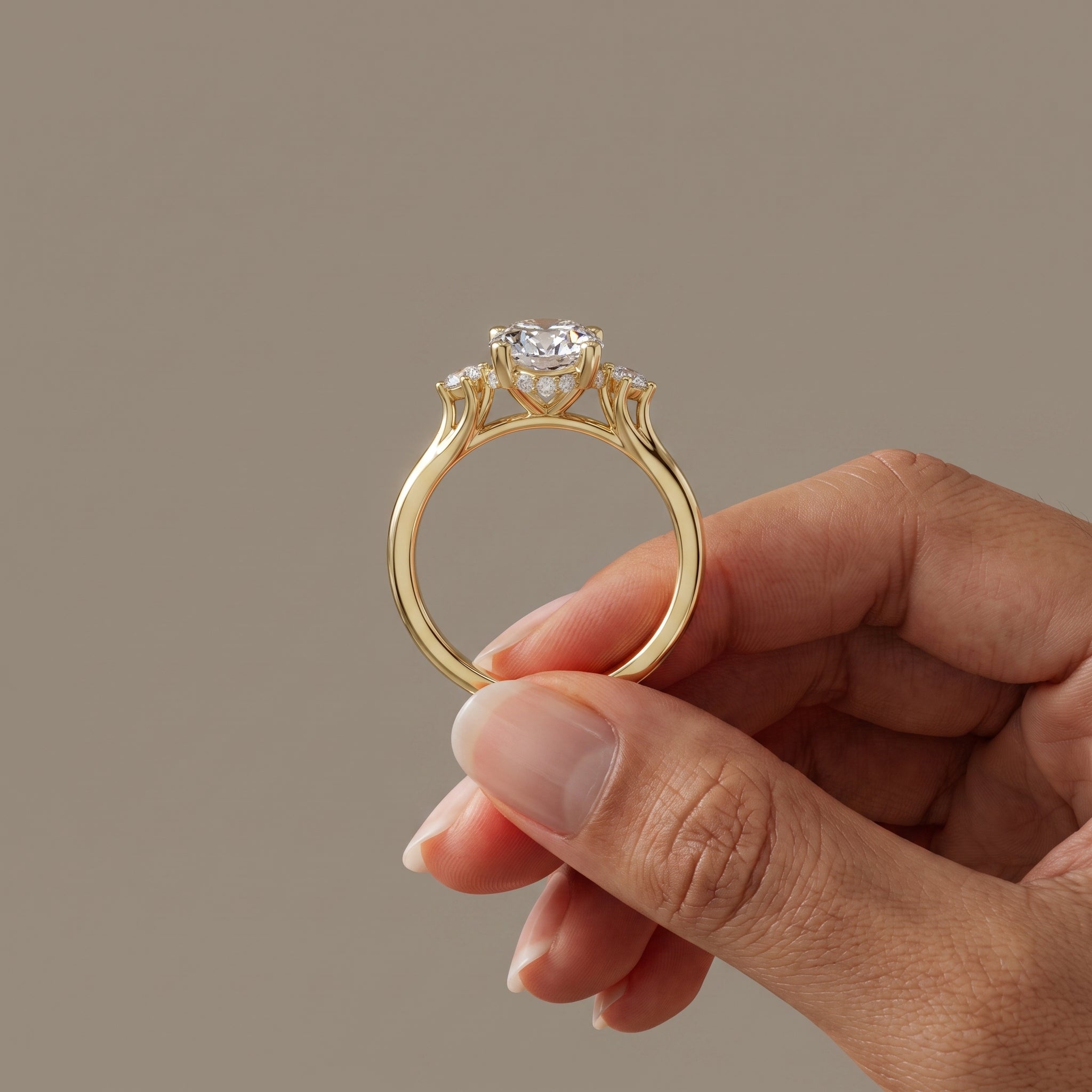 Yellow Gold Oval Moissanite Three Stone Engagement Ring