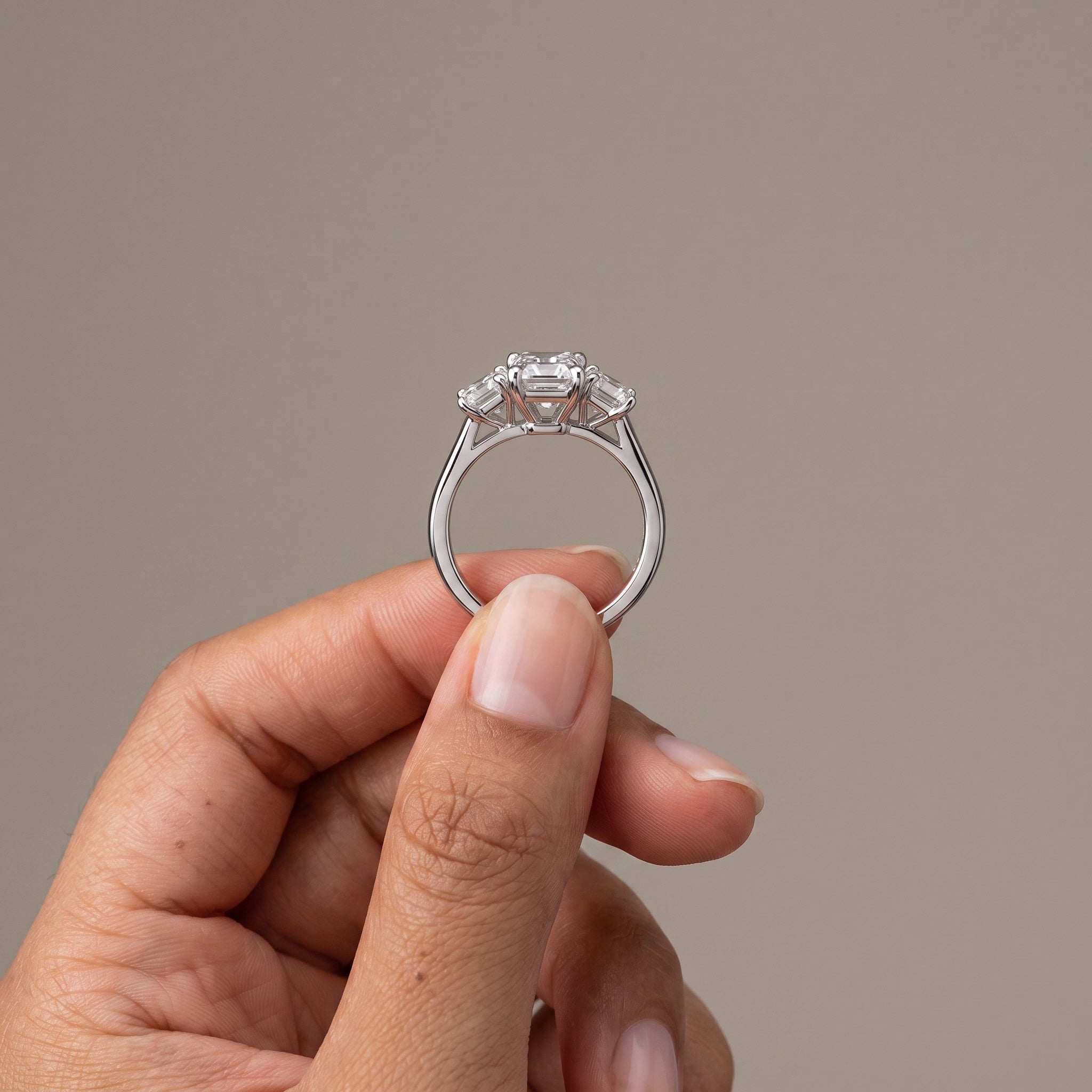 White Emerald Cut Moissanite Three-Stone Engagement Ring