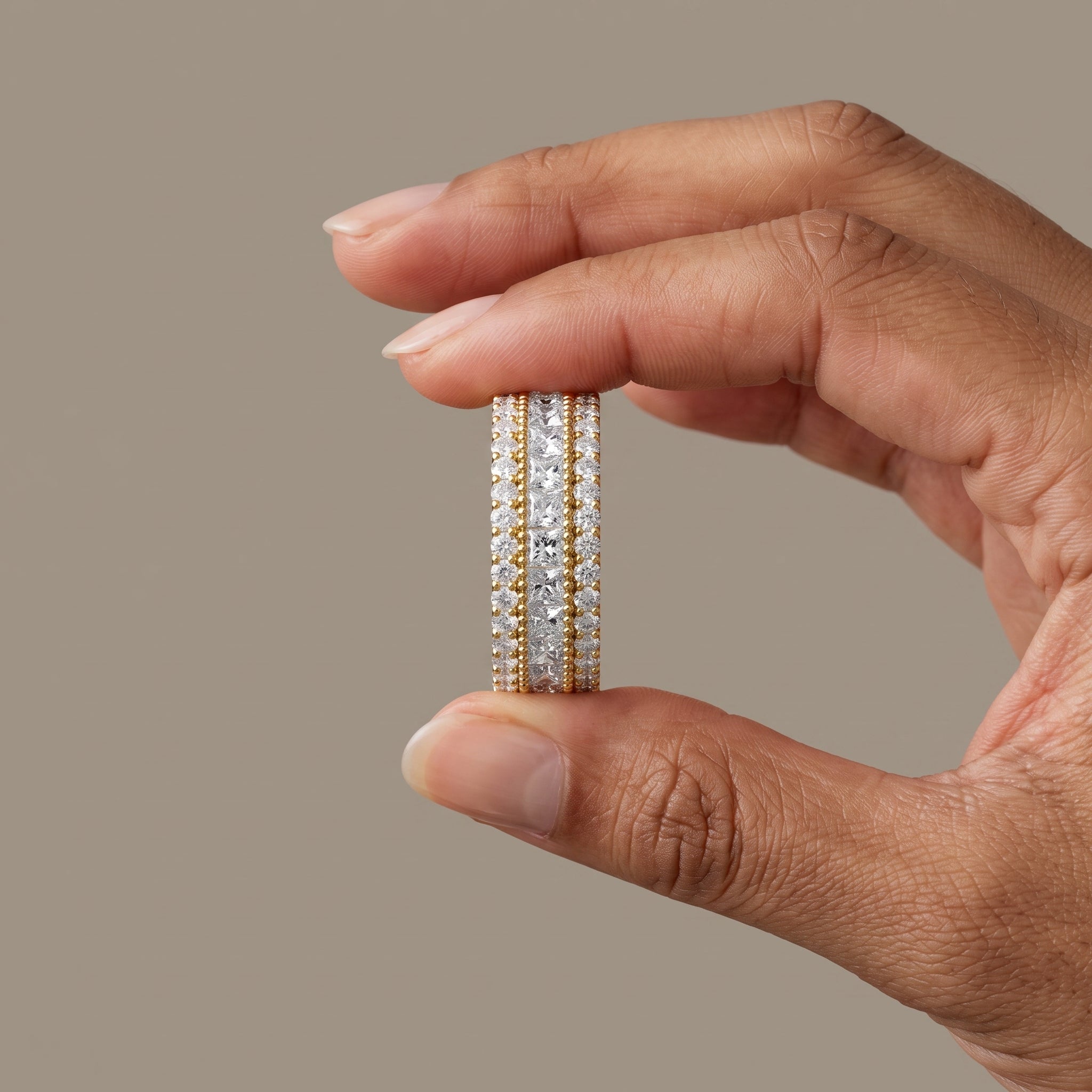 Yellow Gold Princess & Round Cut Moissanite Eternity Band