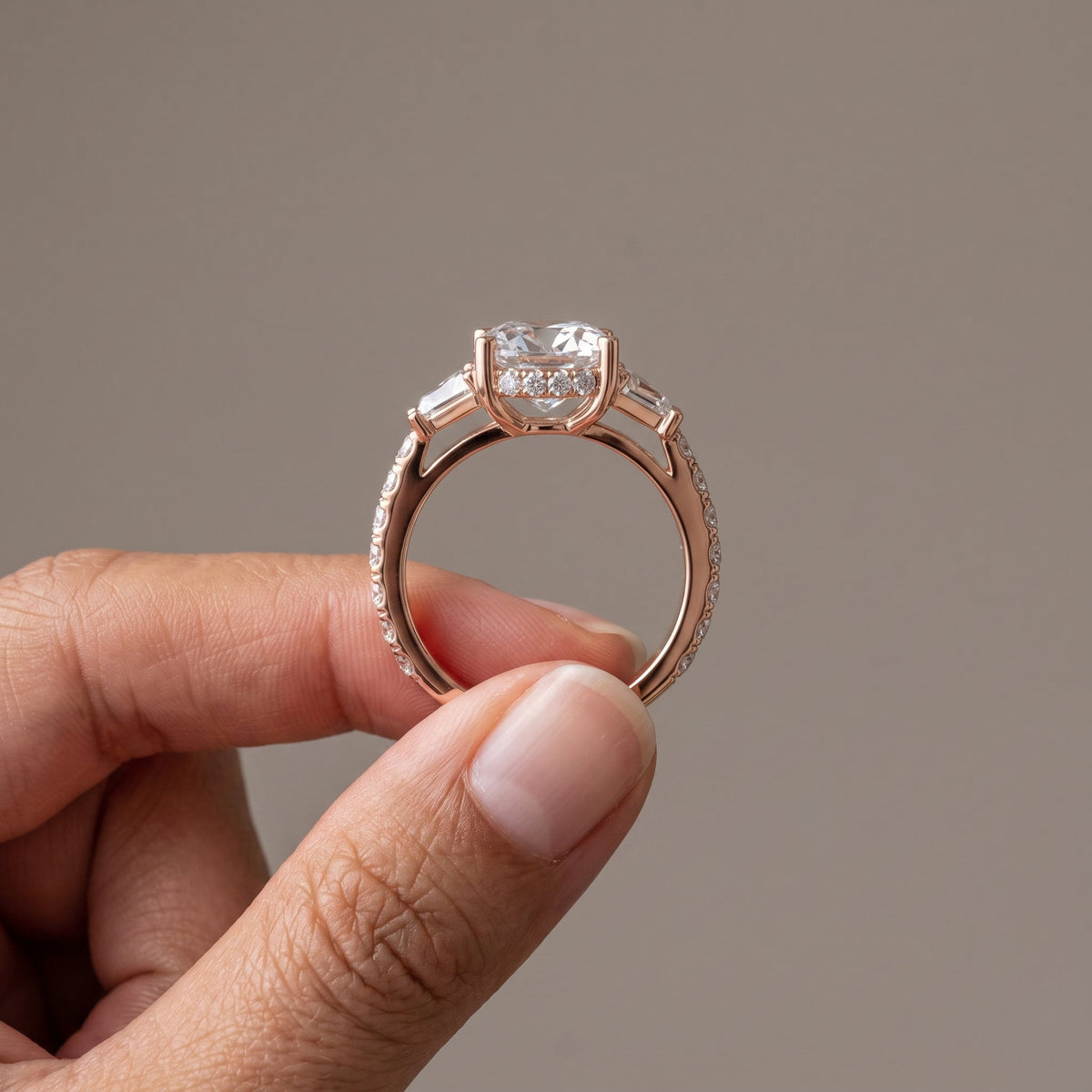 Rose Gold Cushion Moissanite Engagement Ring with Tapered Side Stones
