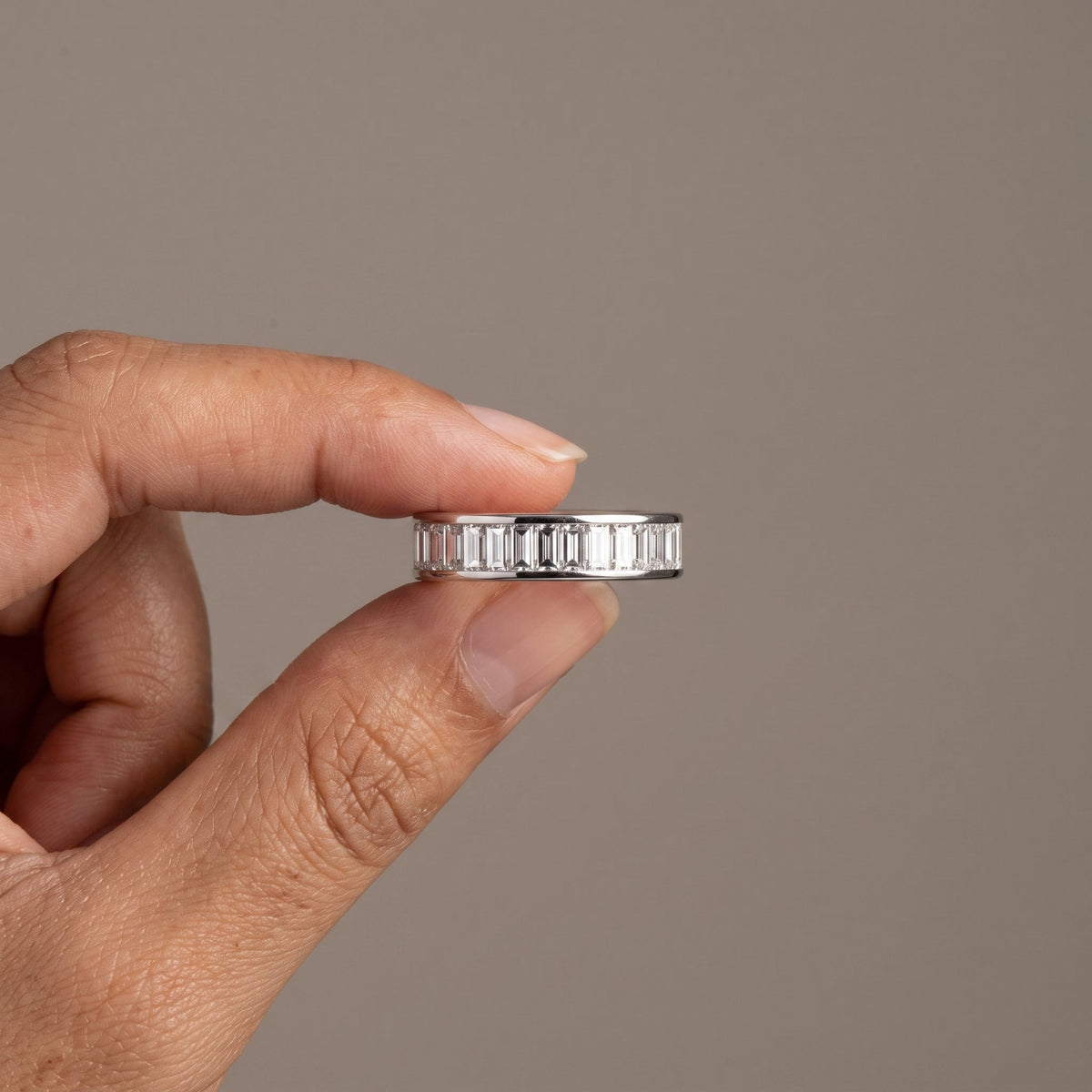 White Metal Baguette Cut Moissanite Eternity Band Ring