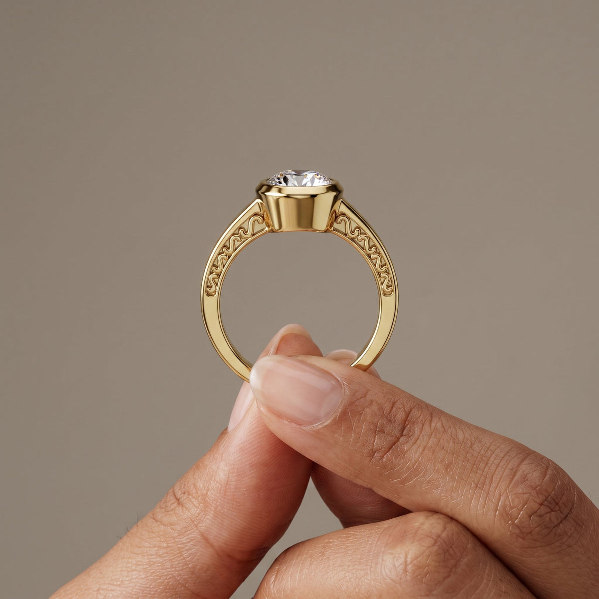 Yellow Gold Round Moissanite Bezel Engagement Ring