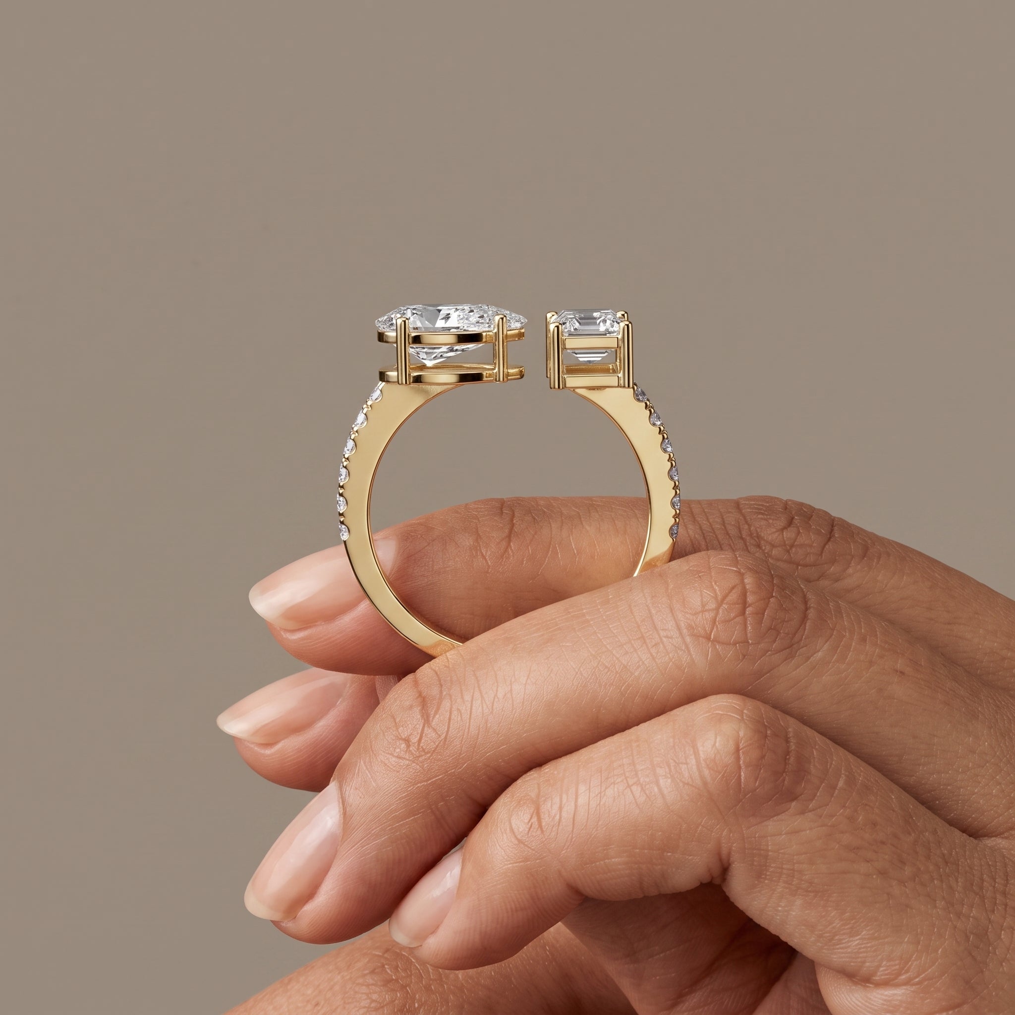 Yellow Gold Pear & Emerald Cut Moissanite Engagement Ring