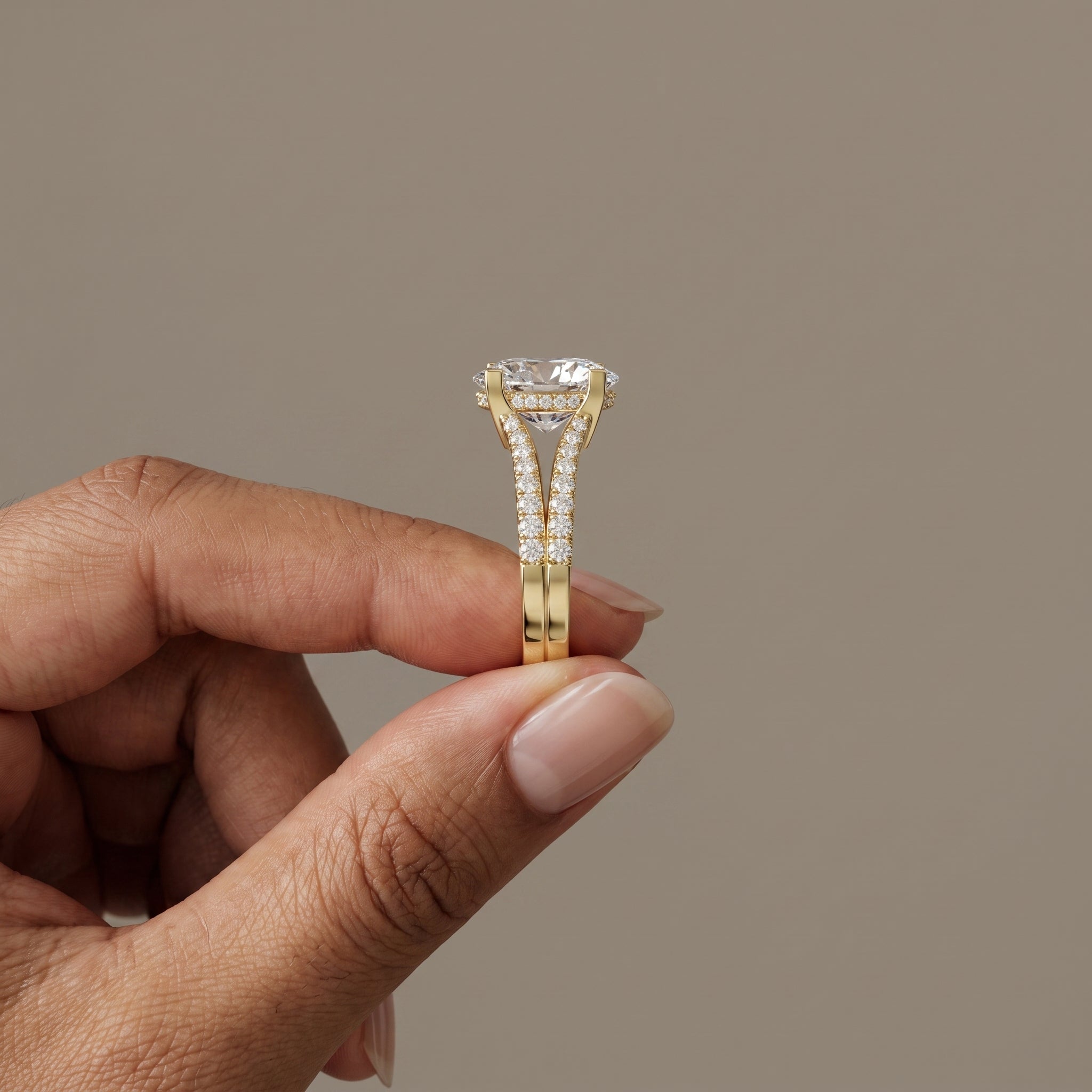Yellow Gold Oval Cut Moissanite Split Shank Engagement Ring