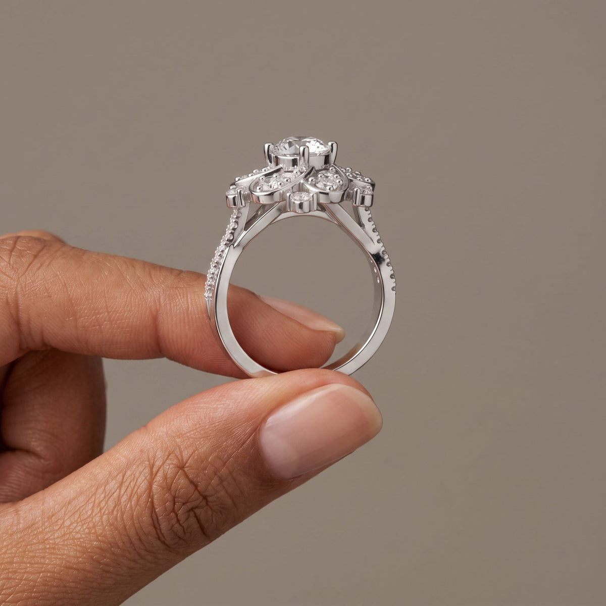 White Gold Round Moissanite Floral Halo Engagement Ring