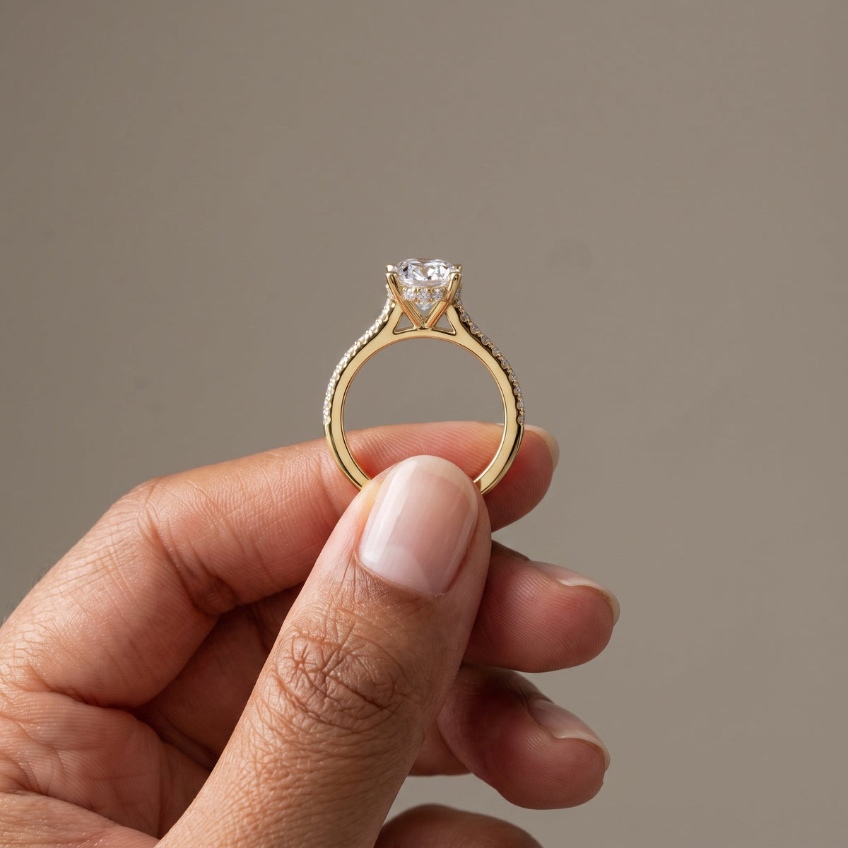 Yellow Gold Oval Cut Moissanite Engagement Ring with Pavé Band