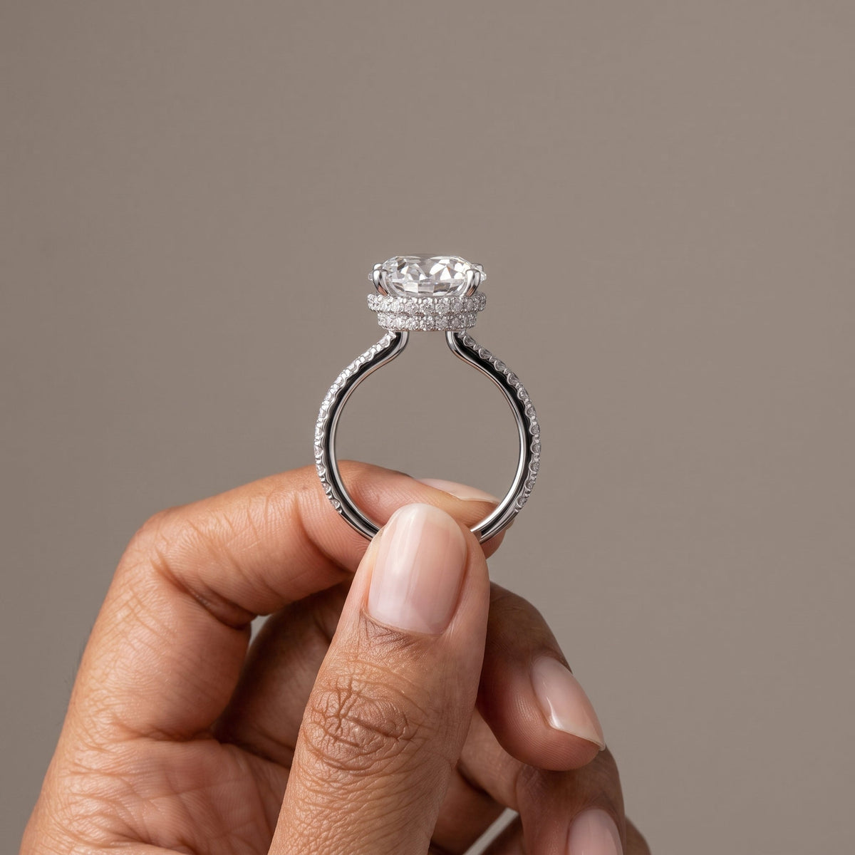 White Gold Oval Cut Moissanite Engagement Ring with Pavé Band