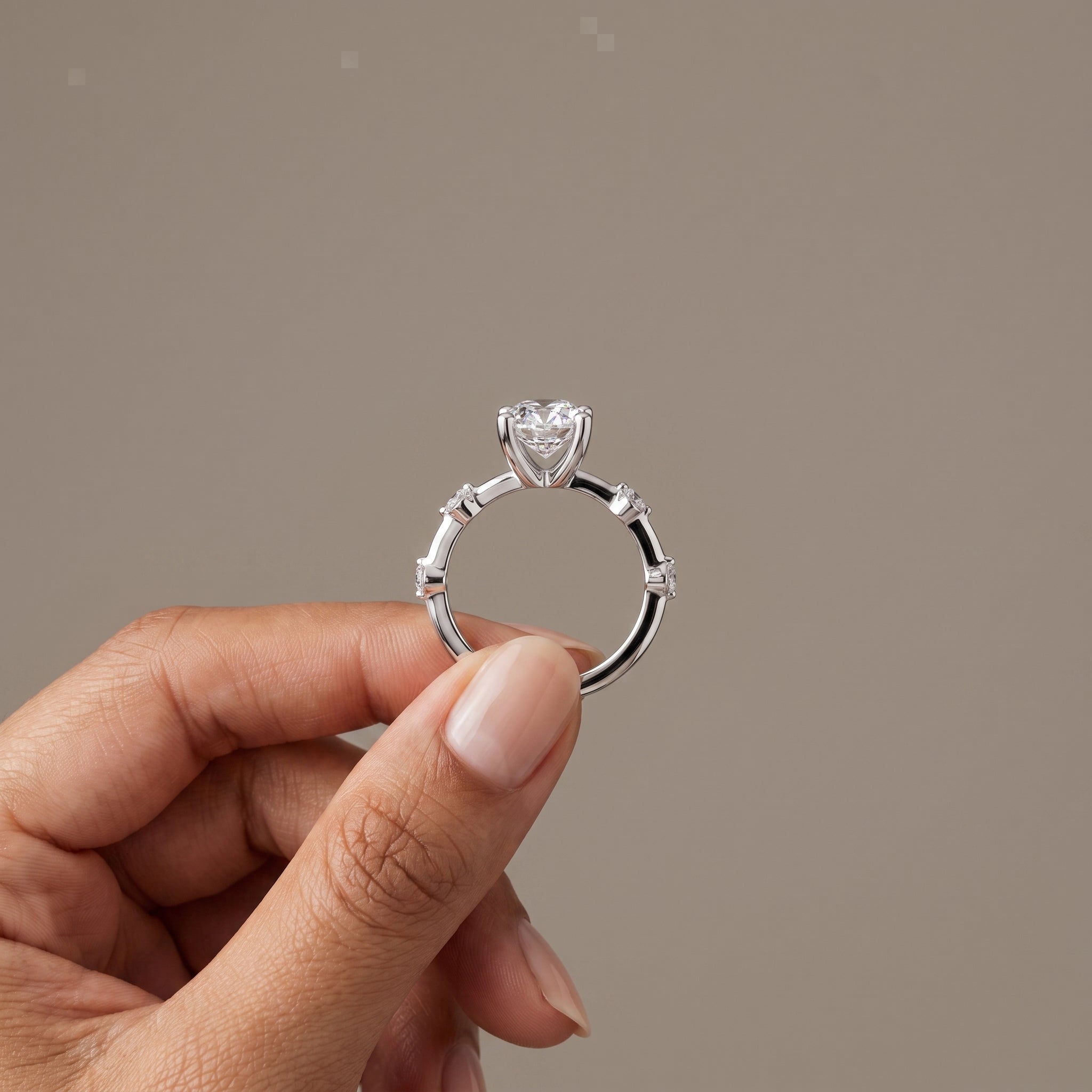 White Metal Oval Cut Moissanite Engagement Ring with Accent Stones