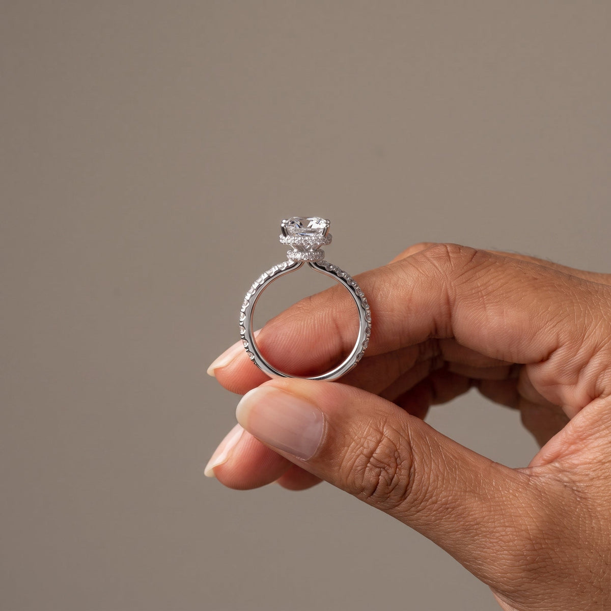White Metal Cushion Cut Moissanite Engagement Ring
