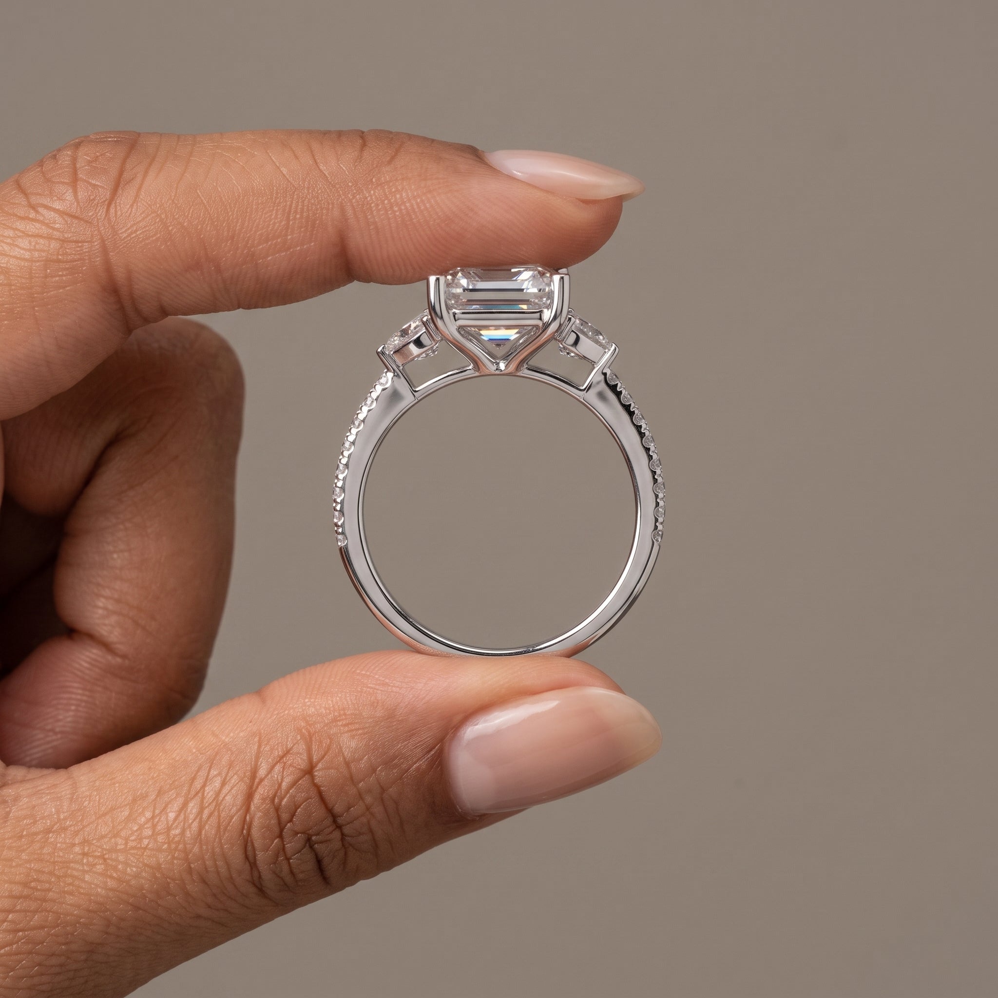 White Metal Emerald Cut Moissanite Three-Stone Engagement Ring