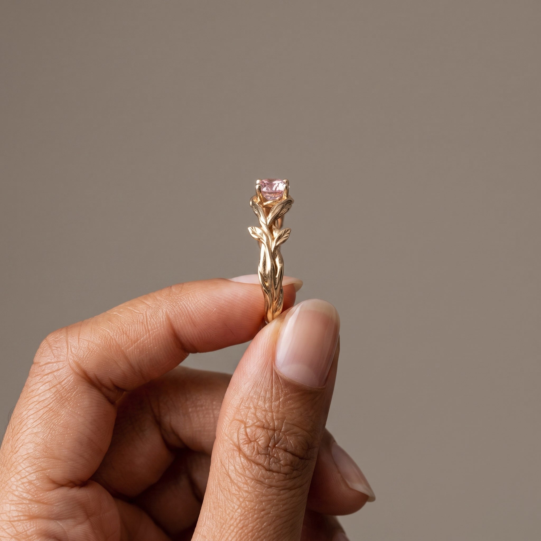 Yellow Gold Round Cut Moissanite Leaf Vine Ring