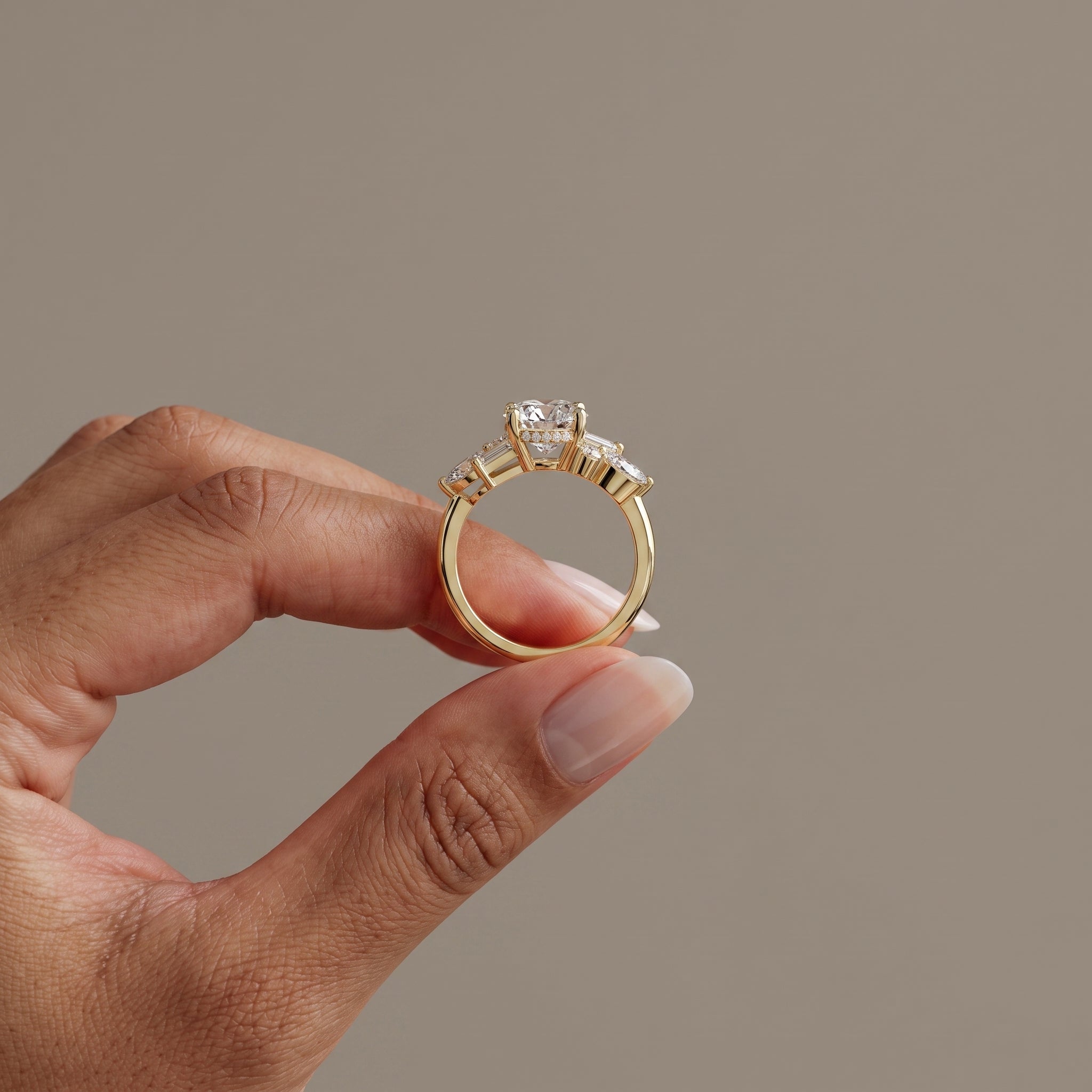 Yellow Gold Round Moissanite Engagement Ring with Mixed Side Stones
