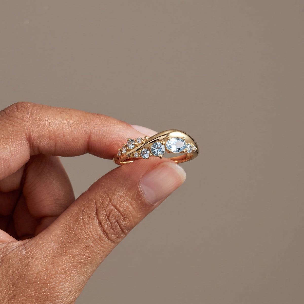 Yellow Gold Oval & Round Moissanite Curved Band Ring