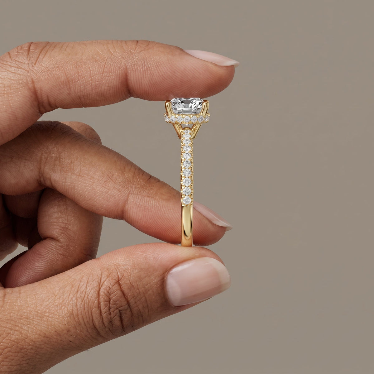 Yellow Gold Cushion Cut Moissanite Engagement Ring with Pavé Band