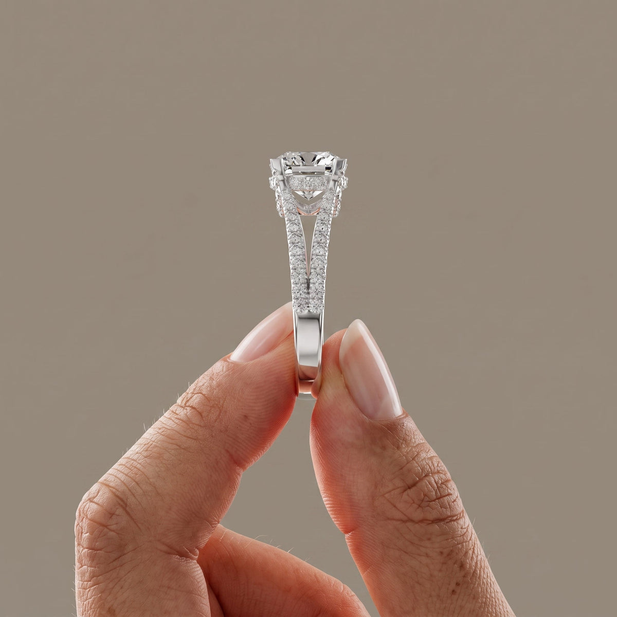 White Gold Cushion Cut Moissanite Split Shank Engagement Ring