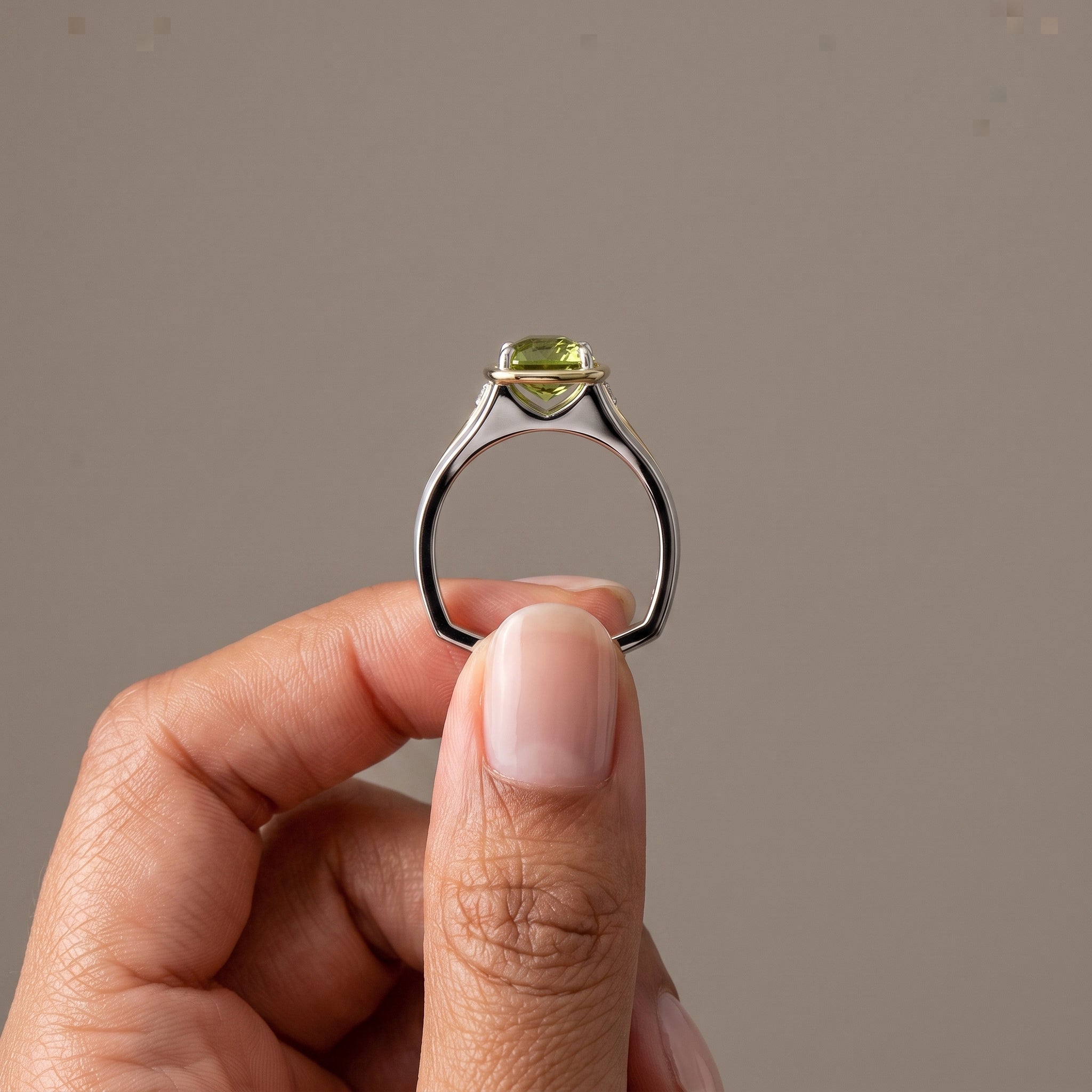Two-Tone Cushion Cut Green Moissanite Engagement Ring