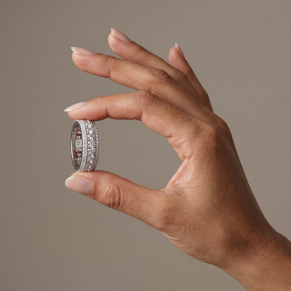White Metal Round Moissanite Wide Band Ring