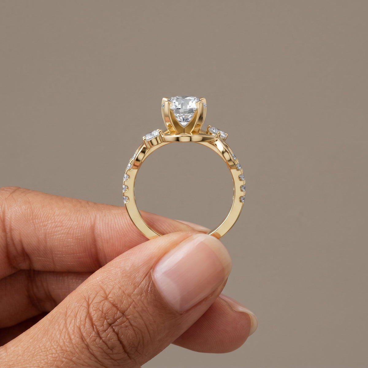 Yellow Gold Round Moissanite Twisted Three Stone Engagement Ring