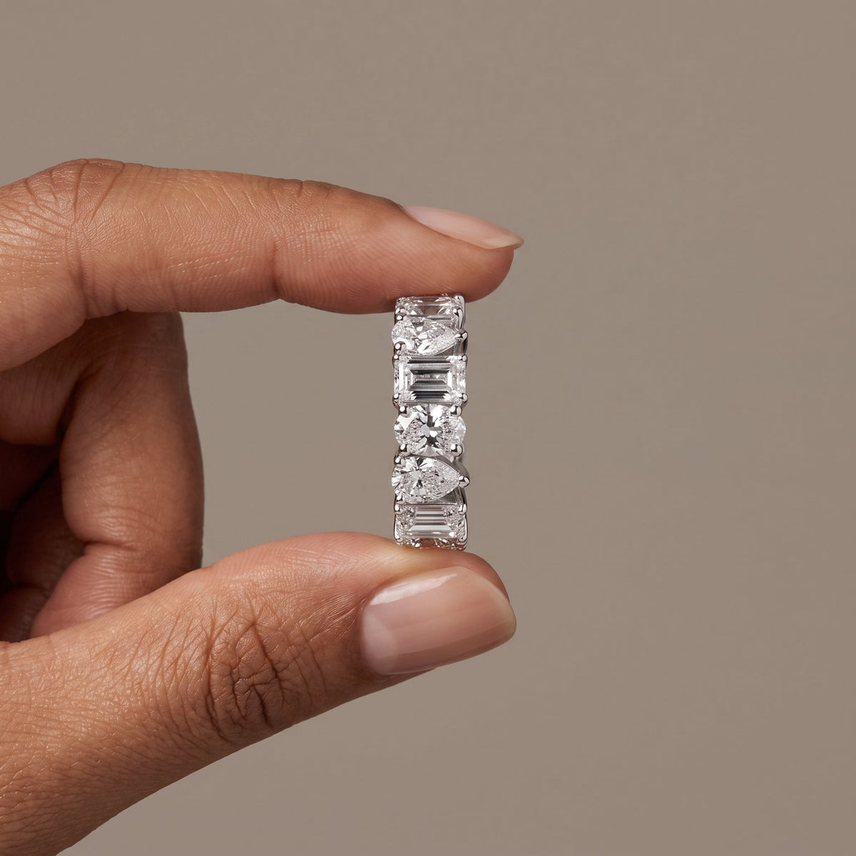 White Metal Emerald, Pear & Oval Cut Moissanite Eternity Band Ring