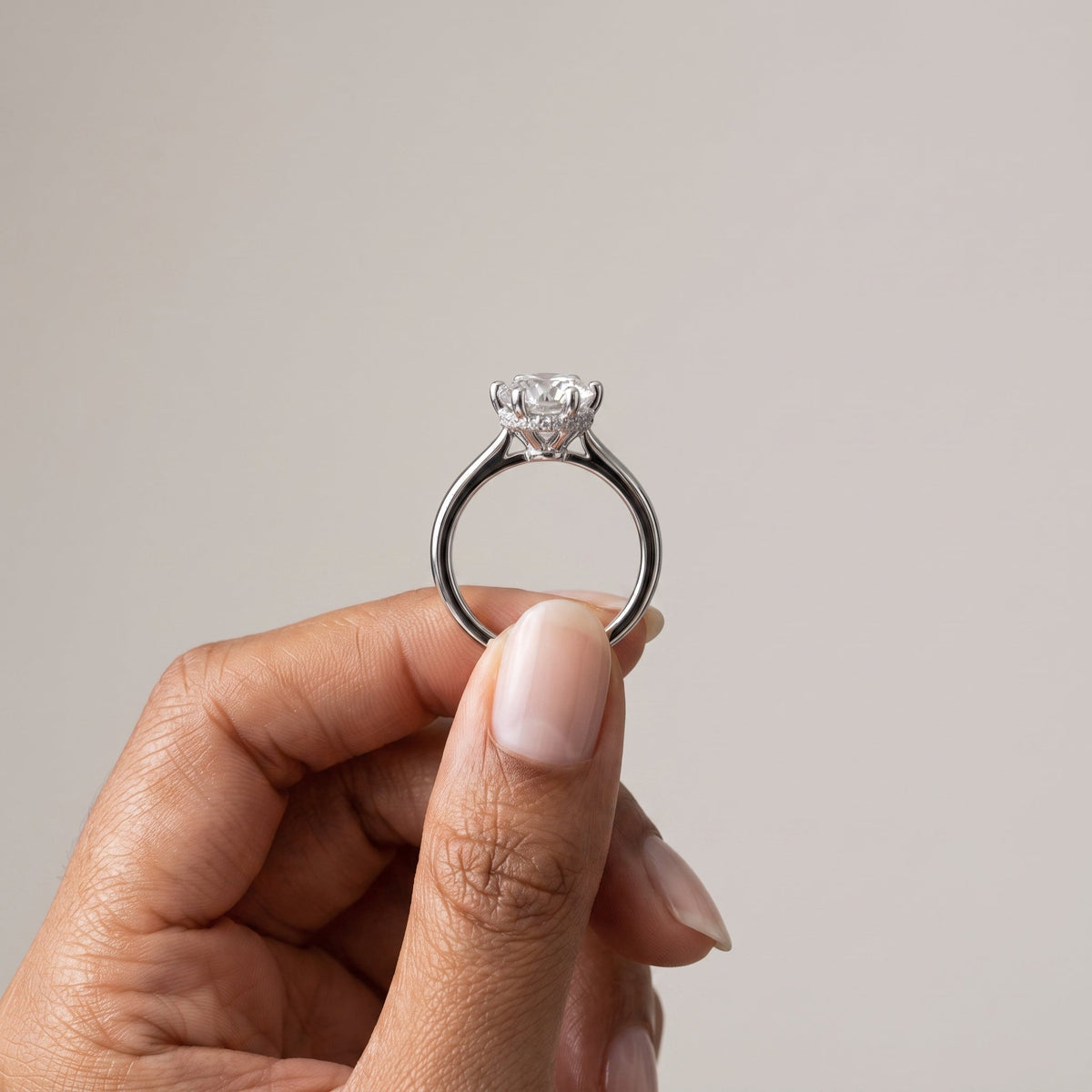White Metal Round Brilliant Moissanite Solitaire Engagement Ring