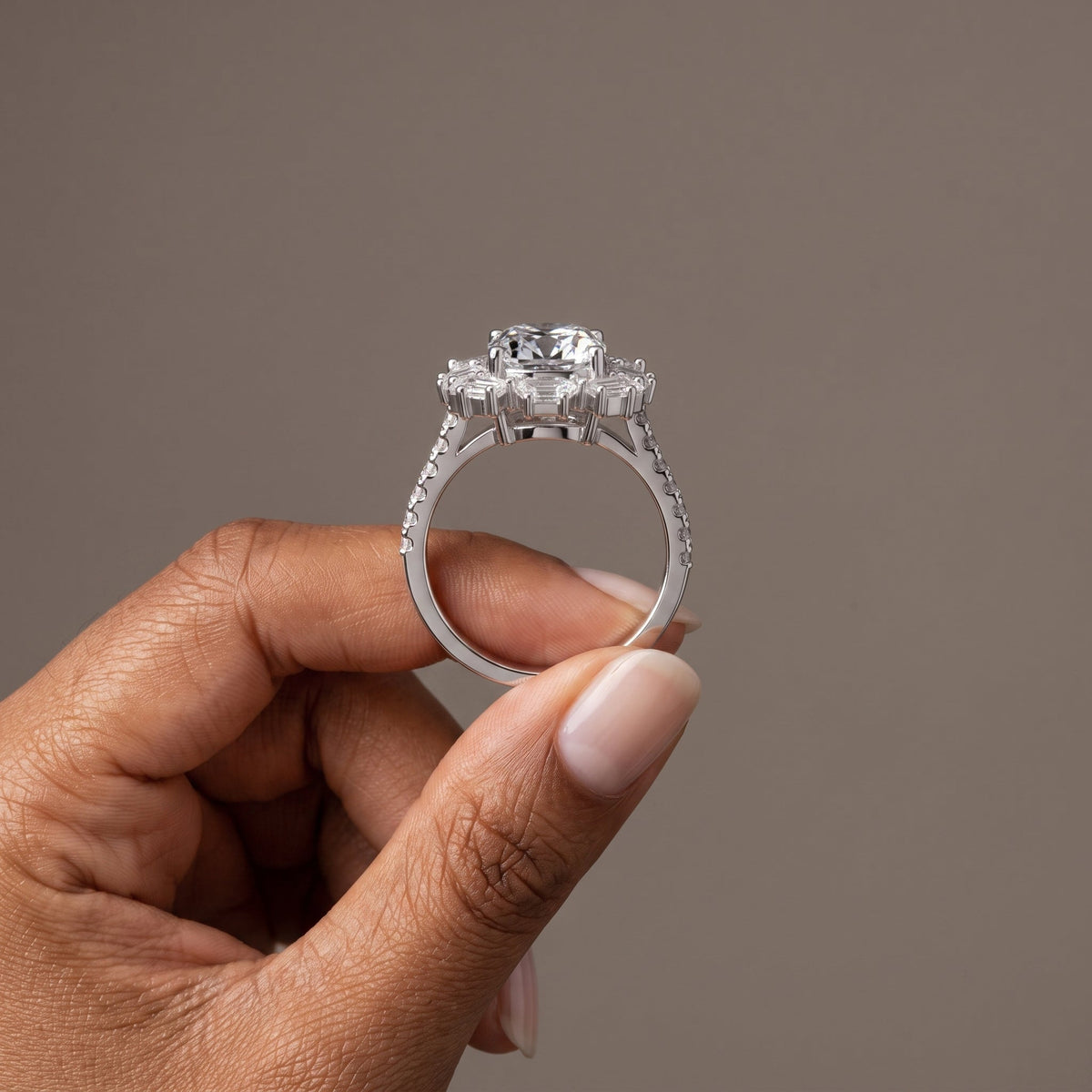 White Gold Cushion Moissanite Floral Halo Engagement Ring