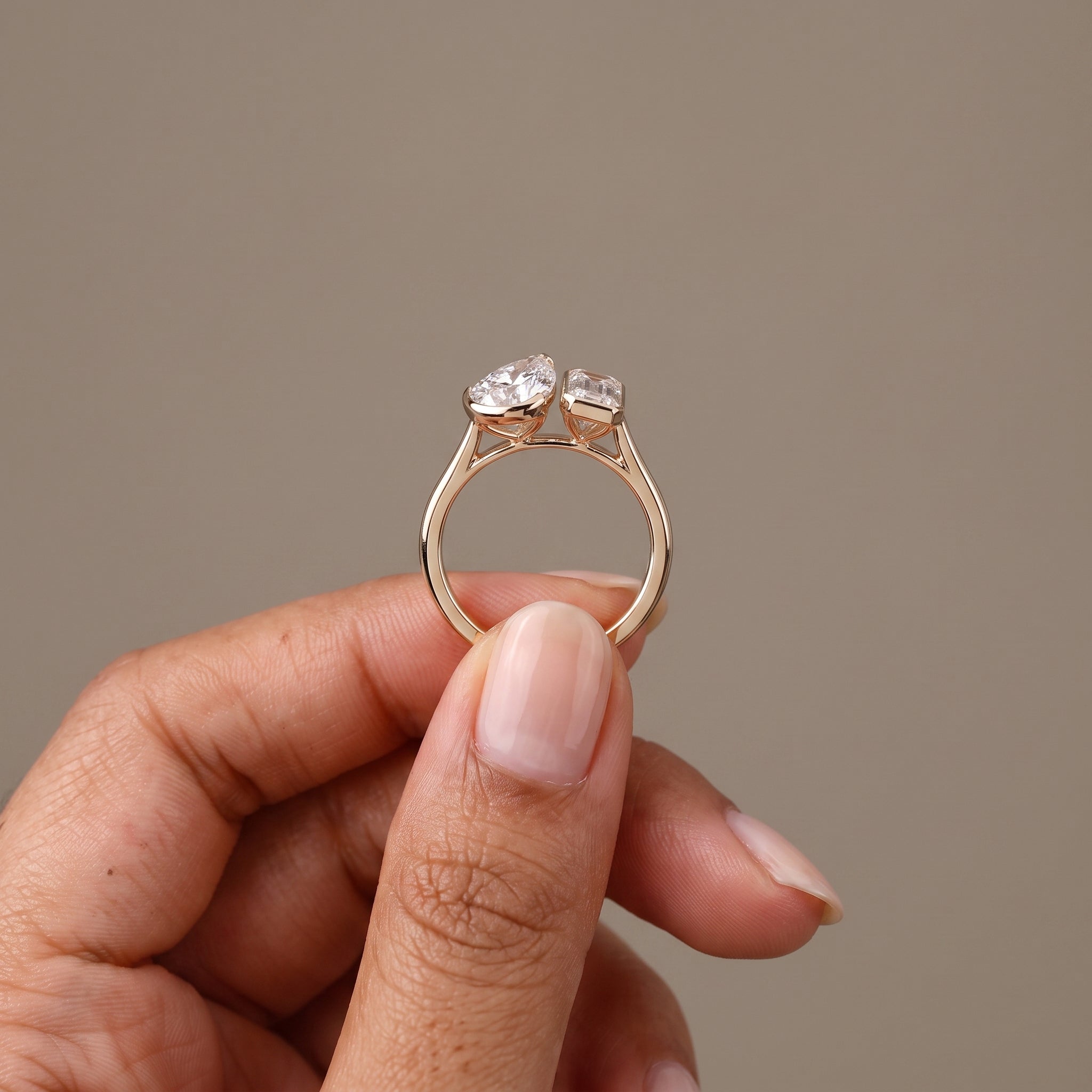 Yellow Gold Pear & Emerald Cut Moissanite Open Ring