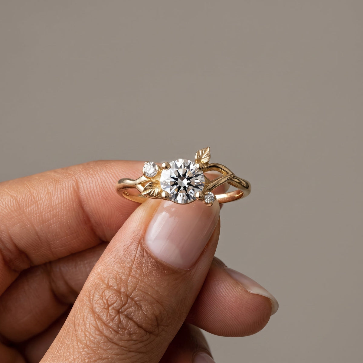 Yellow Gold Round Moissanite Leaf Engagement Ring