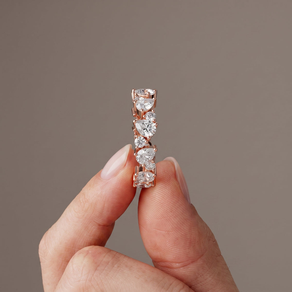 Rose Gold Pear & Round Moissanite Eternity Band Ring