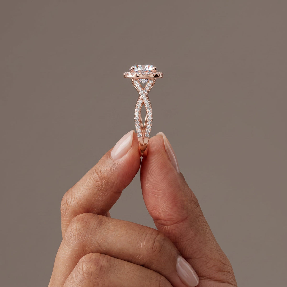 Rose Gold Round Moissanite Halo Engagement Ring with Twisted Band