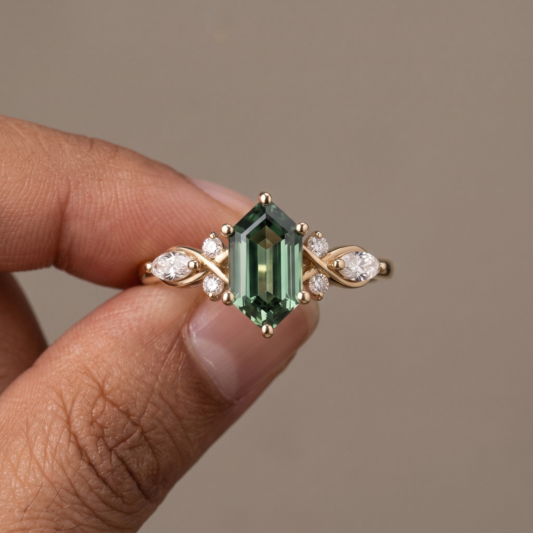 Yellow Gold Emerald Cut Moissanite Twisted Leaf Ring