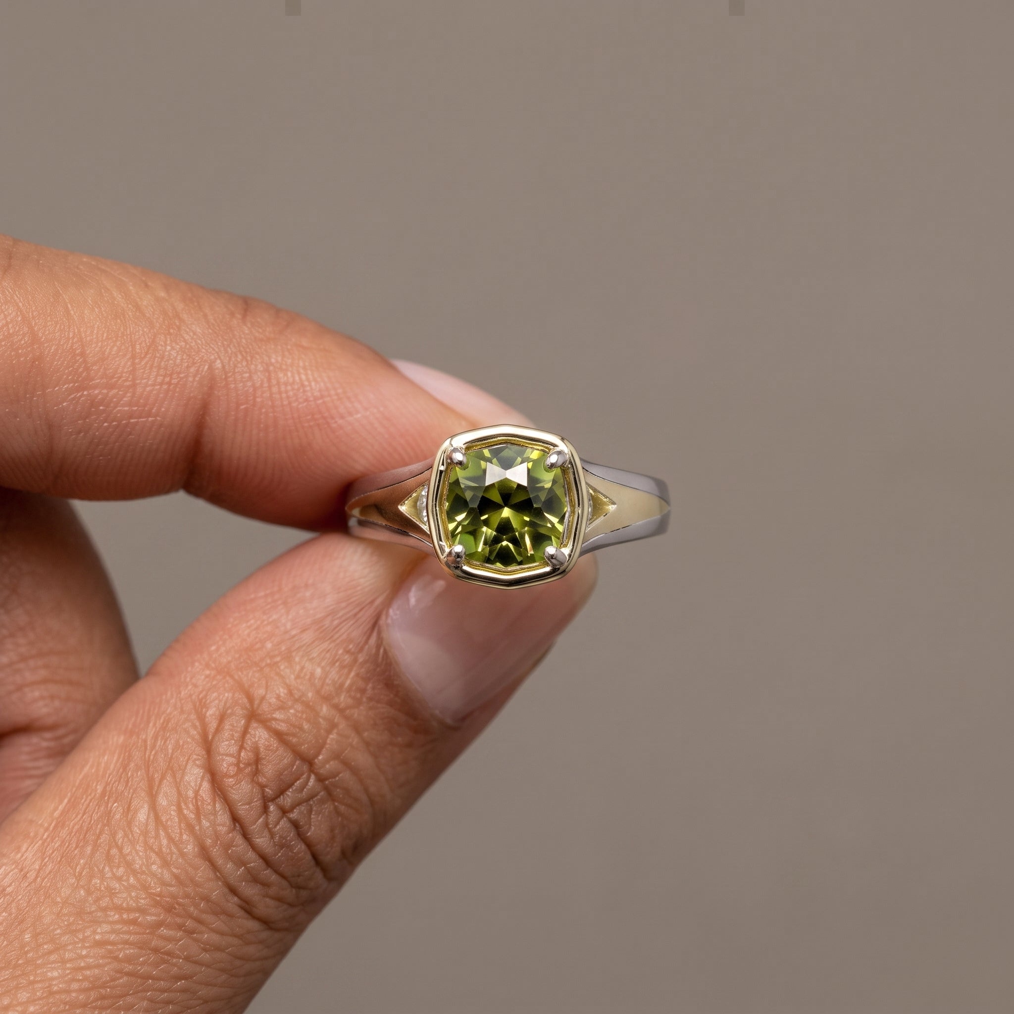 Two-Tone Cushion Cut Green Moissanite Engagement Ring