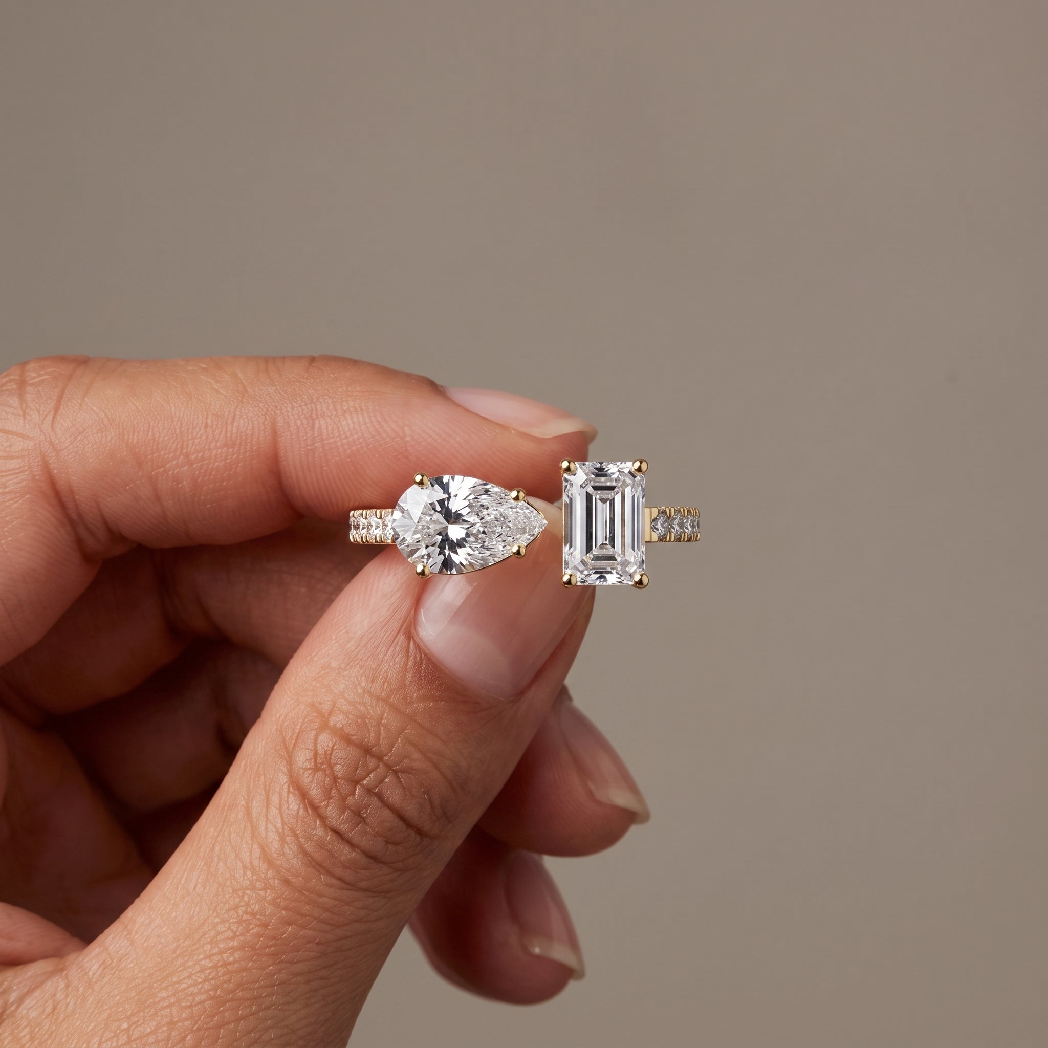 Yellow Gold Pear & Emerald Cut Moissanite Engagement Ring