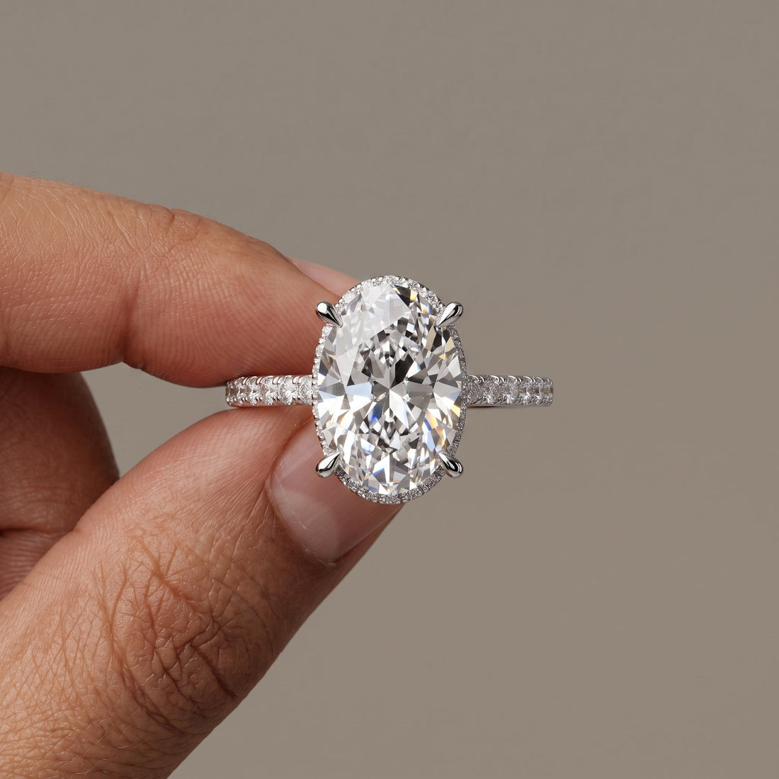White Gold Oval Cut Engagement Ring with Pavé Band