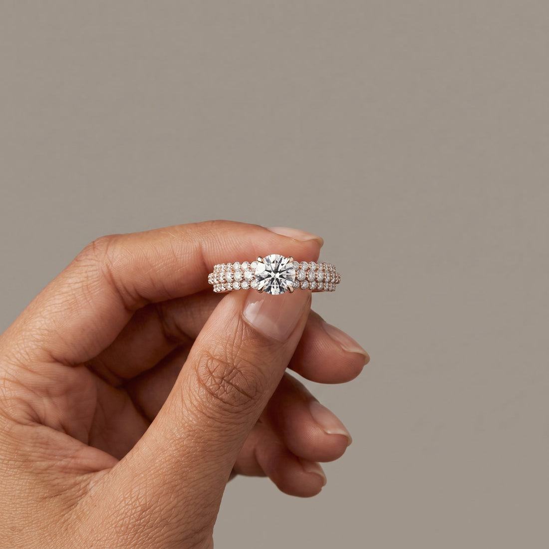 Rose Gold Round Engagement Ring with Pavé Band