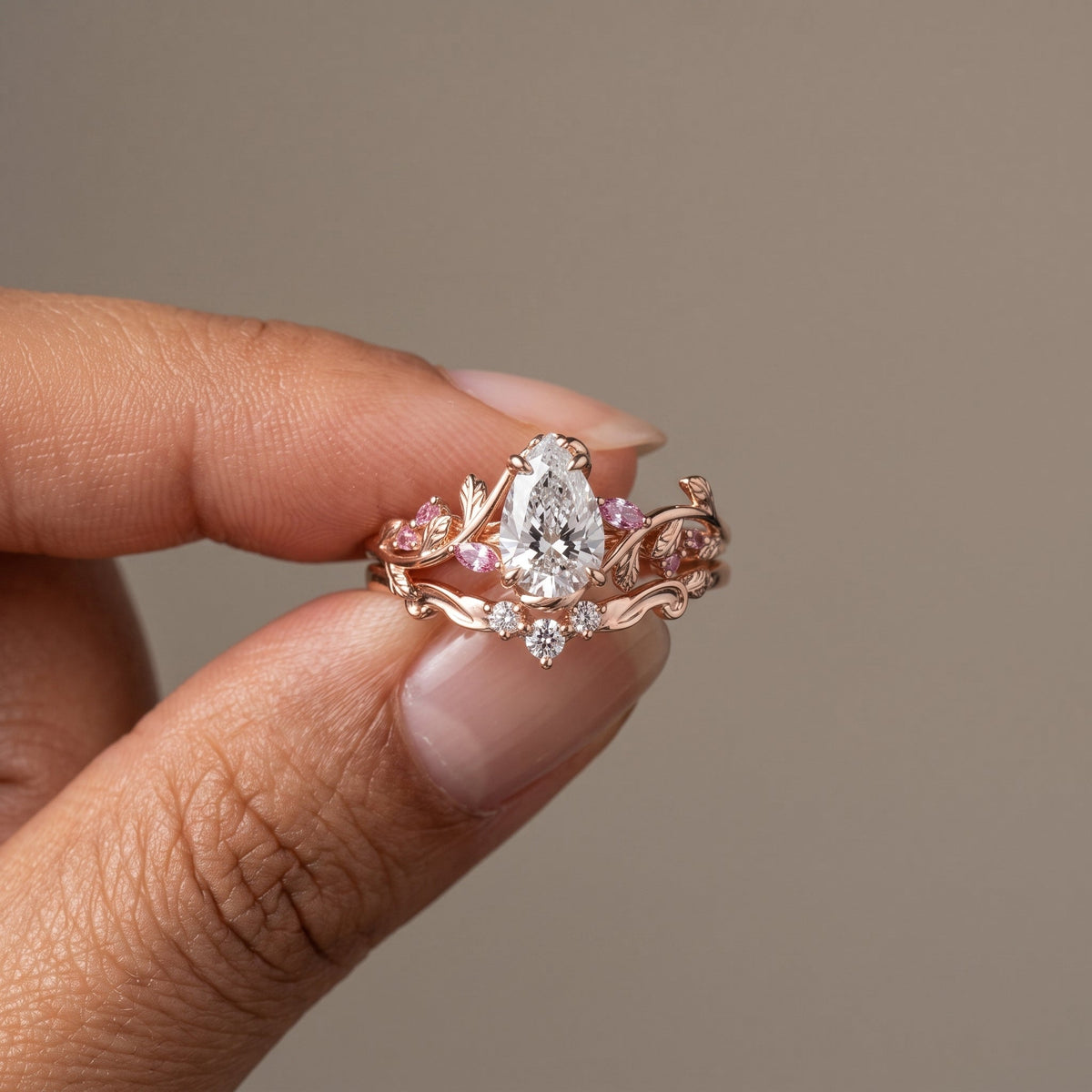 Rose Gold Pear Cut Moissanite Nature-Inspired Engagement Ring