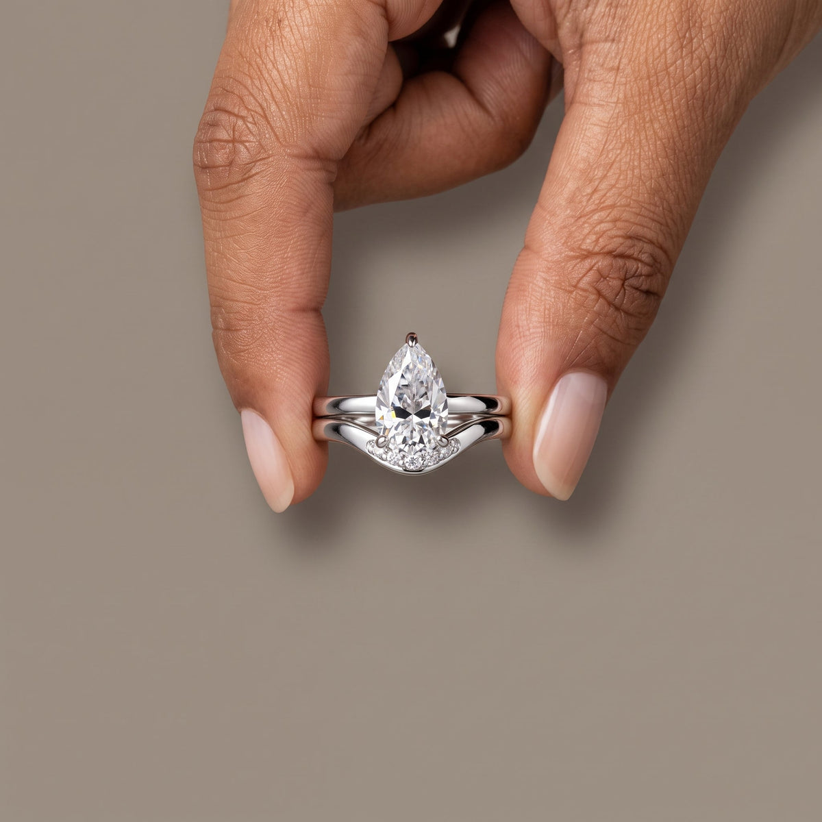 White Metal Pear Cut Moissanite Engagement Ring Set