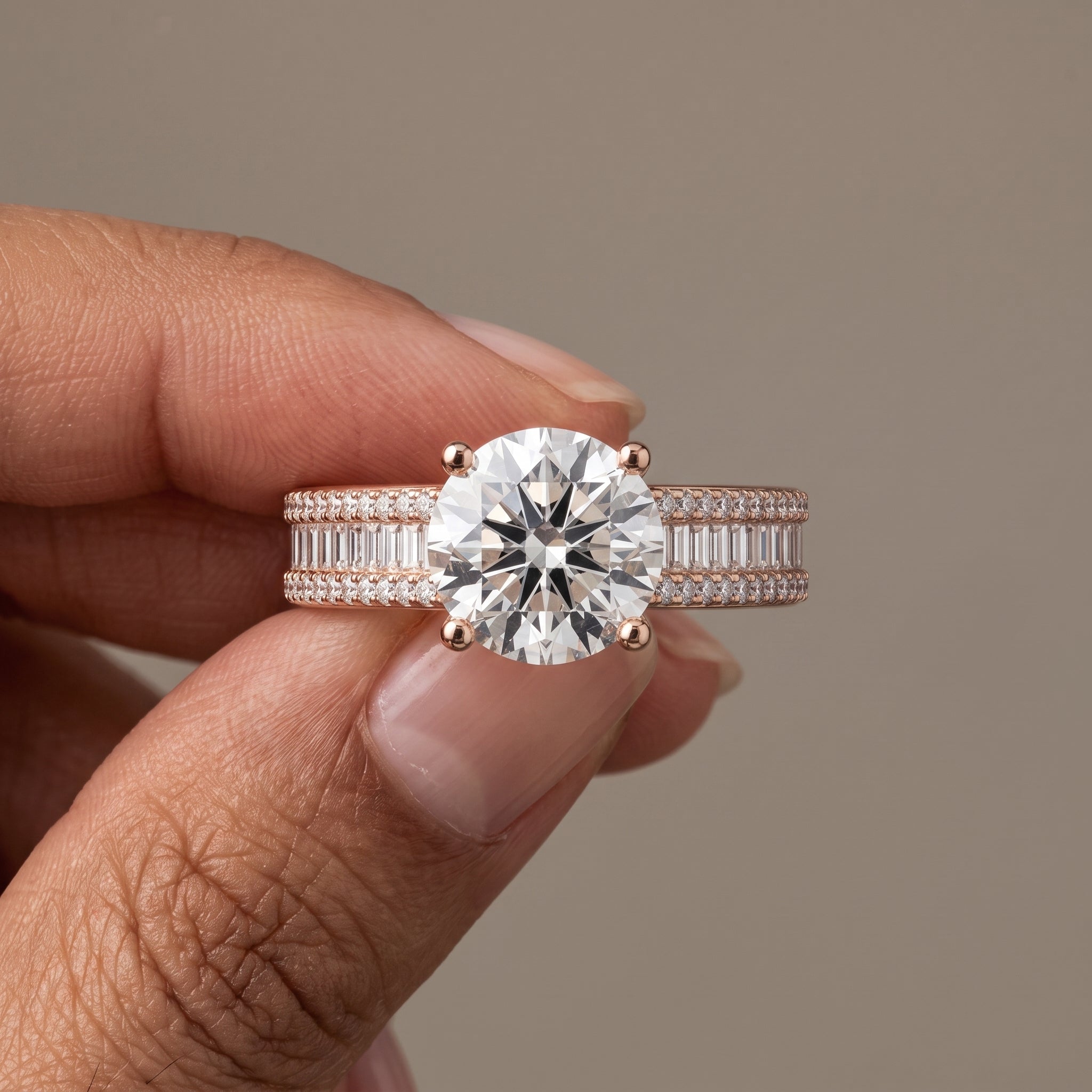 Rose Gold Round Moissanite Engagement Ring with Baguette Accent Band