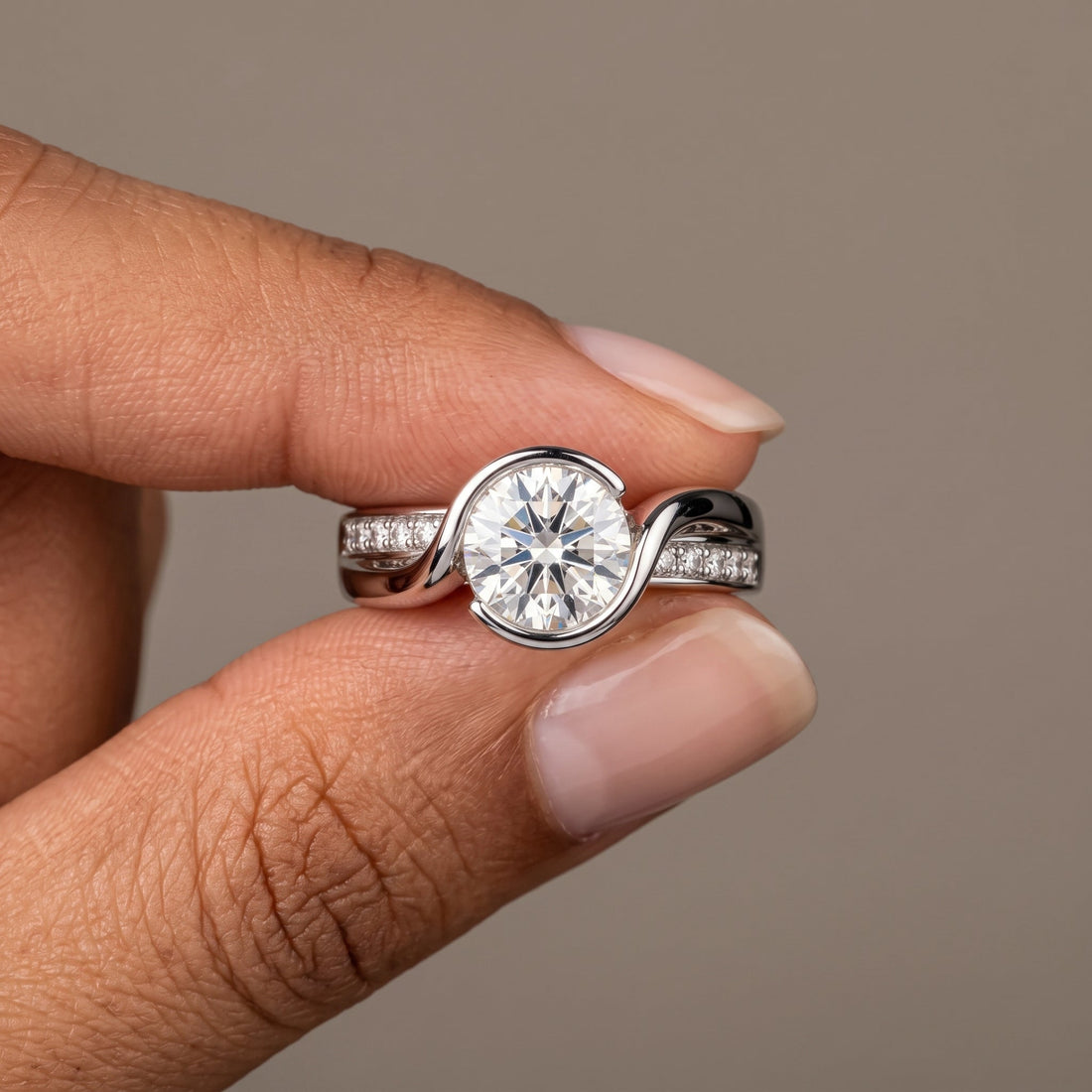 White Metal Round Engagement Ring with Twisted Band