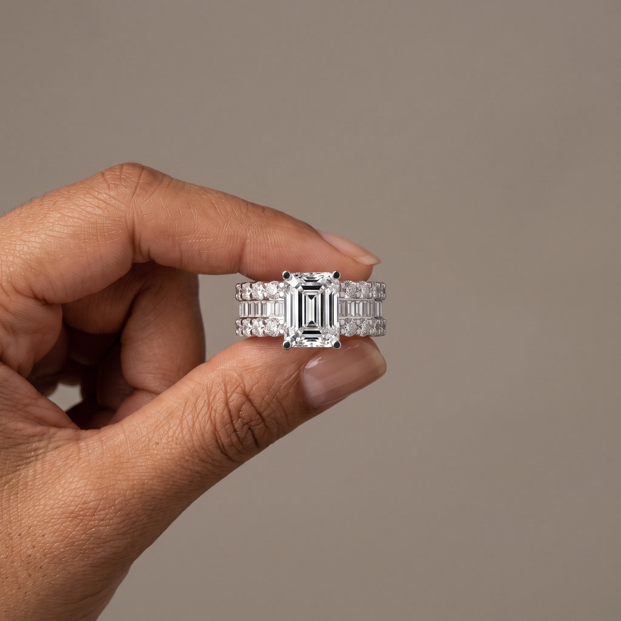 White Gold Emerald Cut Moissanite Engagement Ring Set
