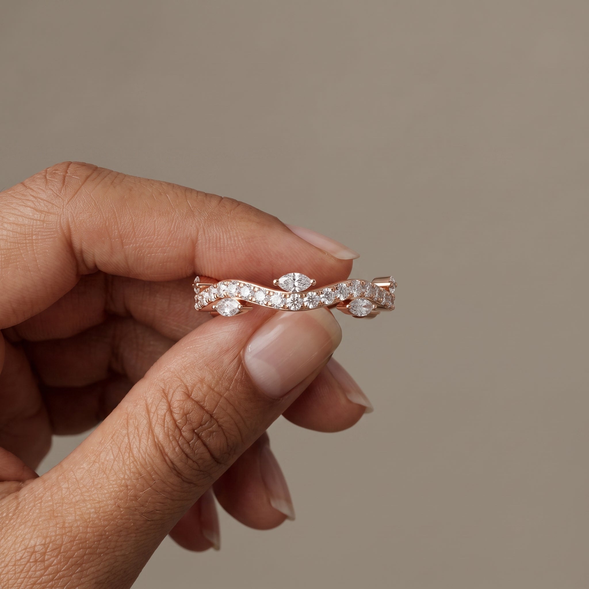 Rose Gold Marquise & Round Moissanite Curved Wedding Band