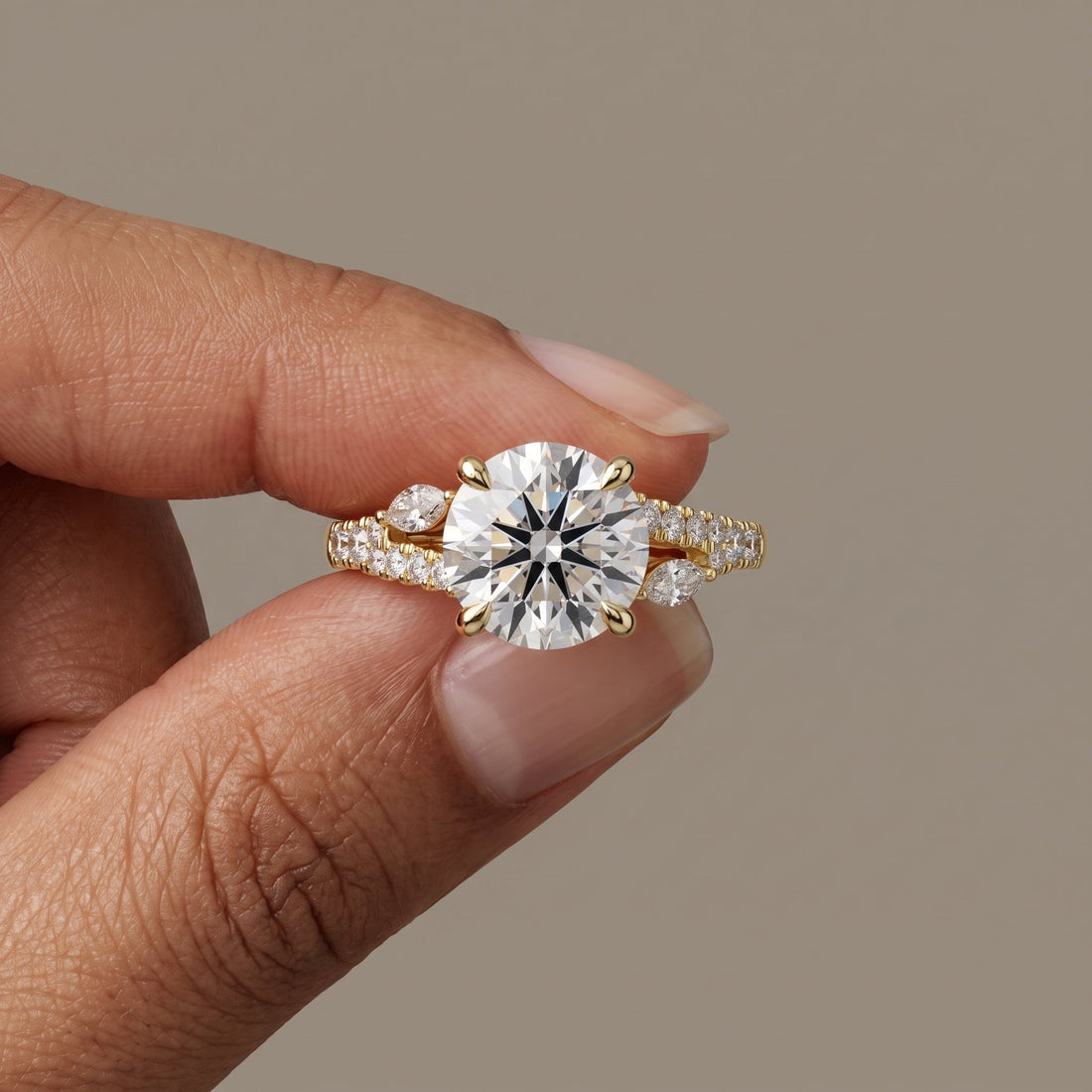 Yellow Gold Round Engagement Ring with Leaf Accents