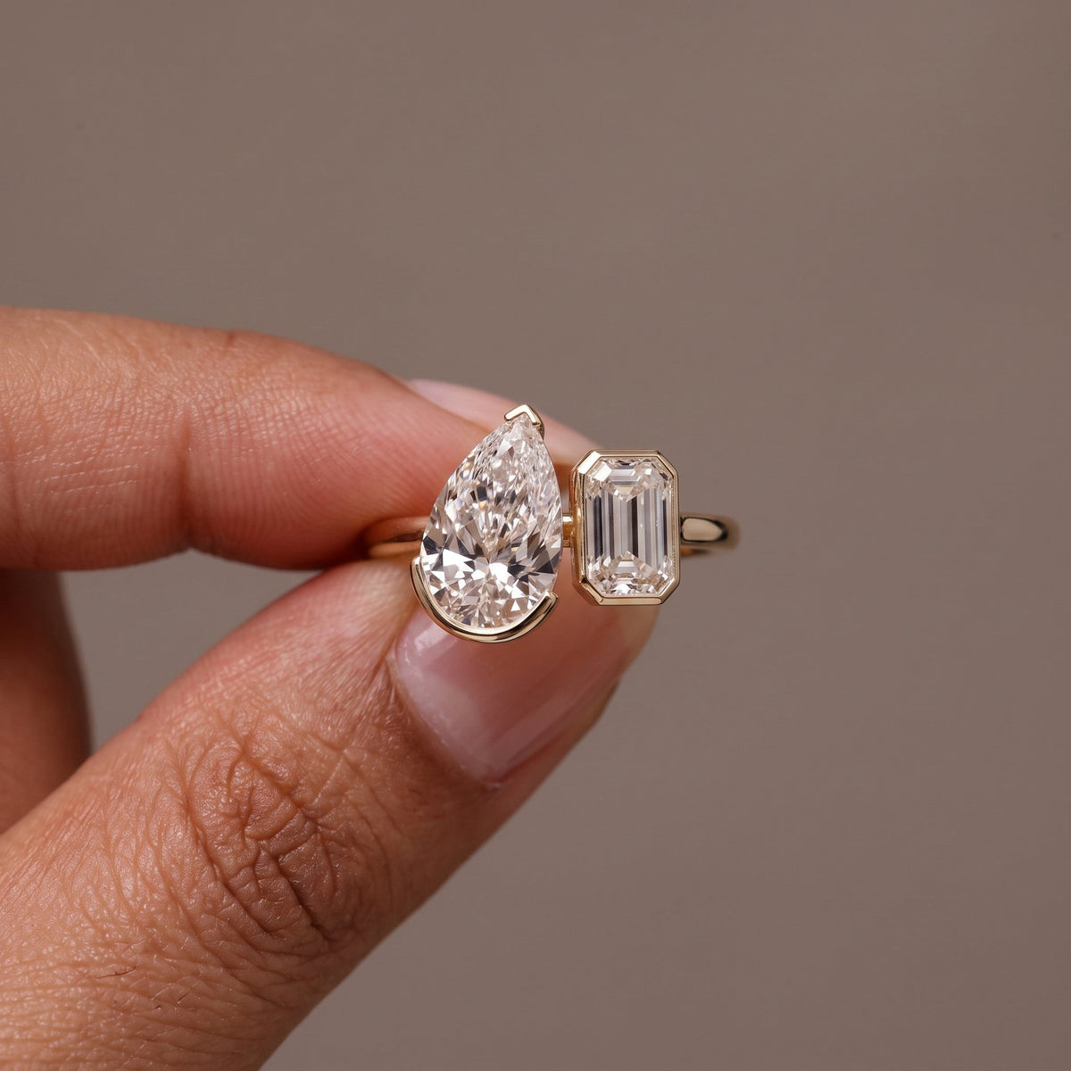 Yellow Gold Pear & Emerald Cut Moissanite Open Ring